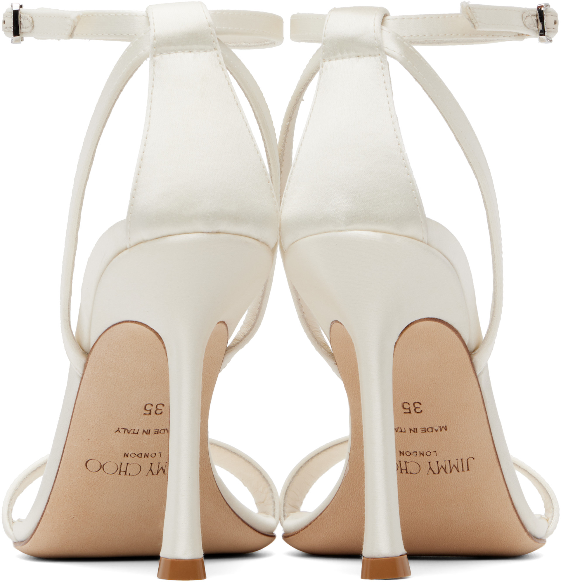 Jimmy Choo: White Moza 100 Satin Crystal Buckle Heeled Sandals