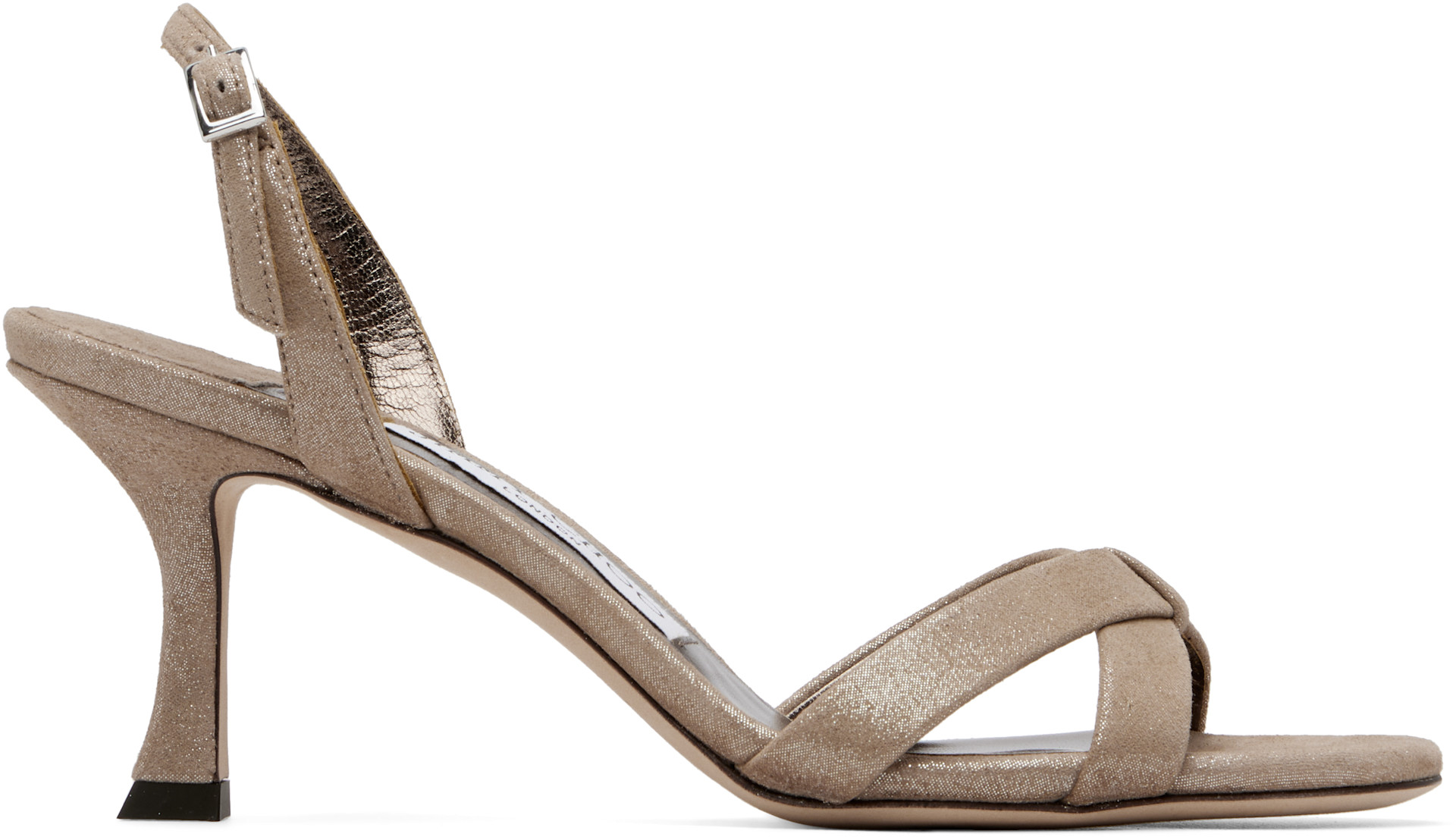 Jimmy Choo: Taupe Elsy 70 Shimmer Suede Heeled Sandals | SSENSE
