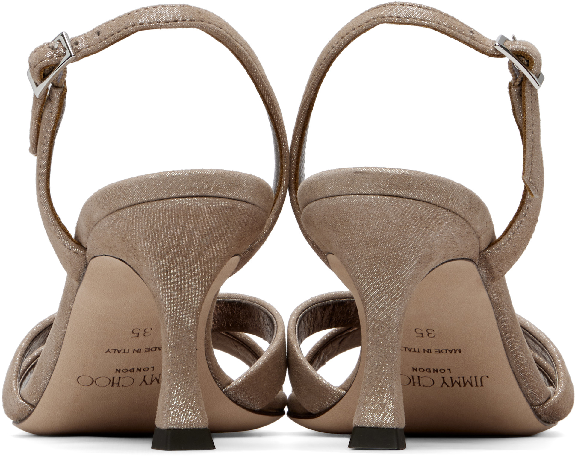 Jimmy Choo: Taupe Elsy 70 Shimmer Suede Heeled Sandals | SSENSE