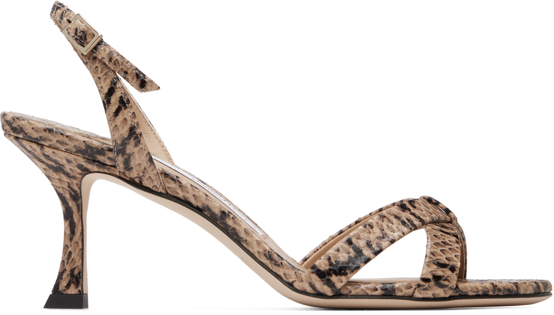 JIMMY CHOO ヘビ柄ミュール Jimmy Choo: Taupe Elsy 70 Kigali Snake Printed Heeled Sandals | SSENSE