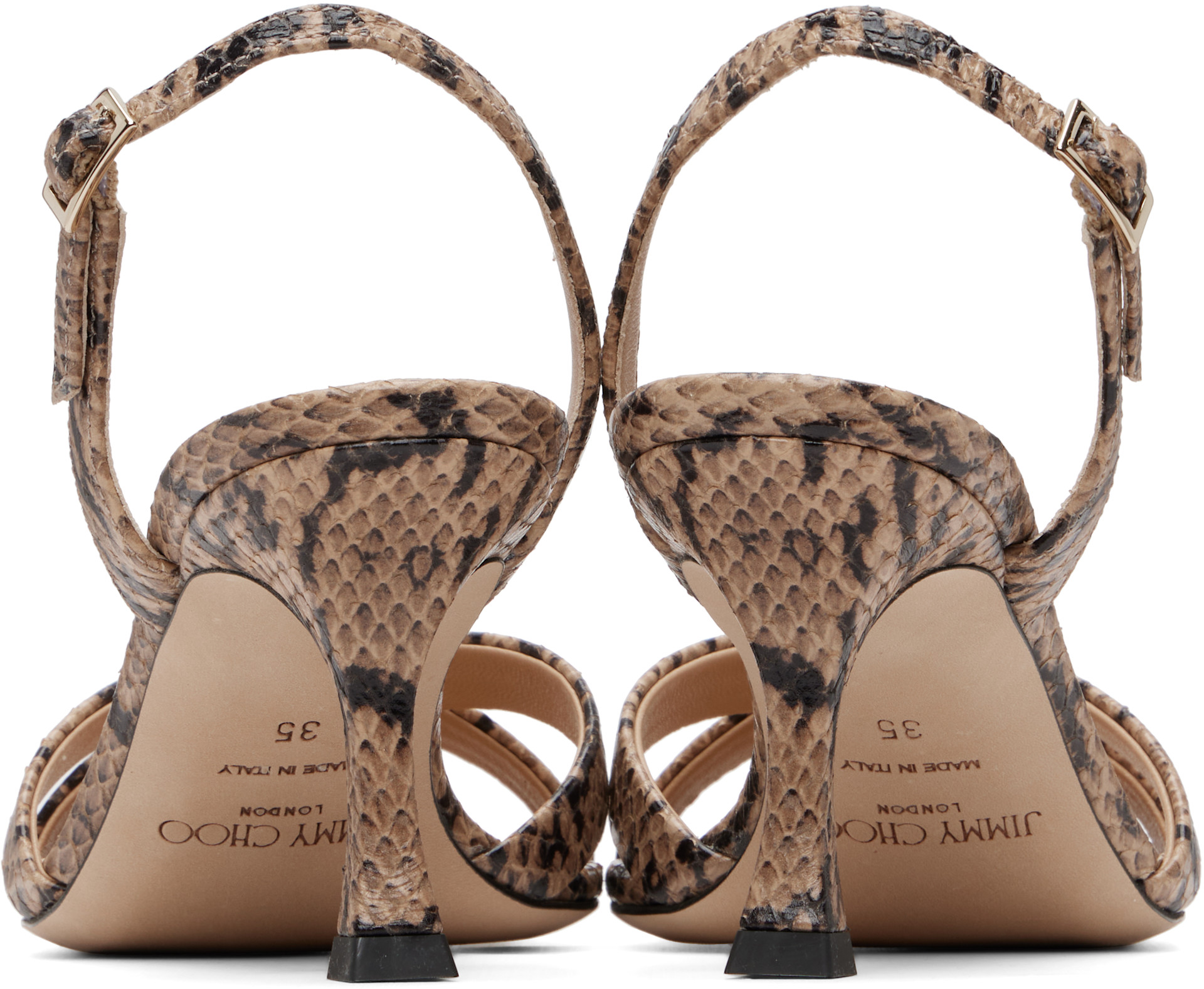 Jimmy Choo: Taupe Elsy 70 Kigali Snake Printed Heeled Sandals | SSENSE
