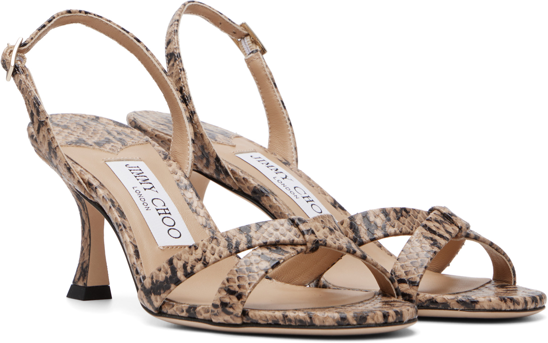 Jimmy Choo: Taupe Elsy 70 Kigali Snake Printed Heeled Sandals | SSENSE