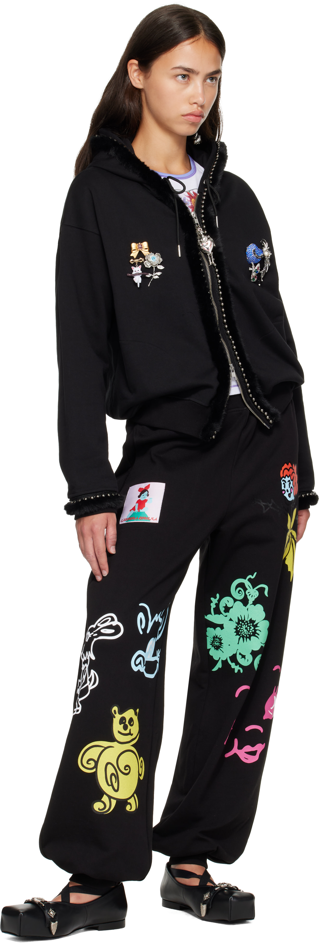 chopova lowena バラクラバ　フードビーニー　フリース Chopova Lowena: Black Fuzzy Pearl Zip Hoodie | SSENSE