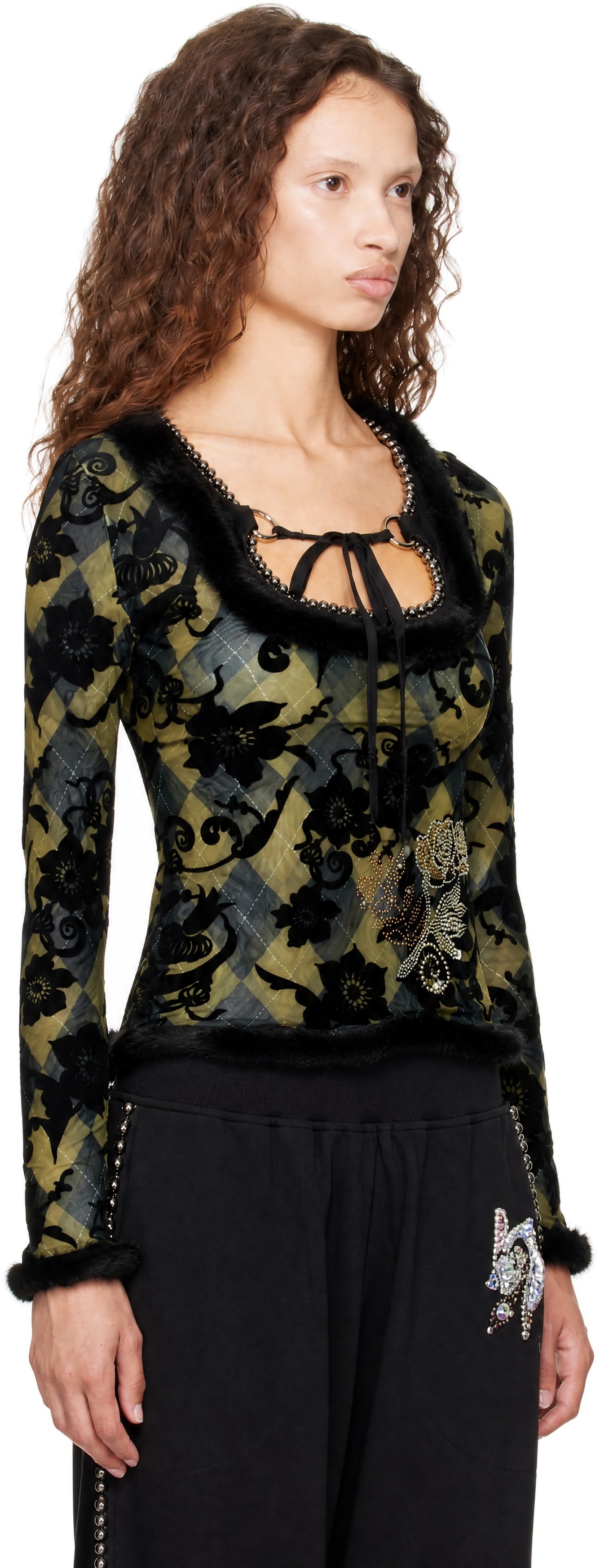 Chopova Lowena: Black & Green Dew Sweeper Mesh Blouse | SSENSE