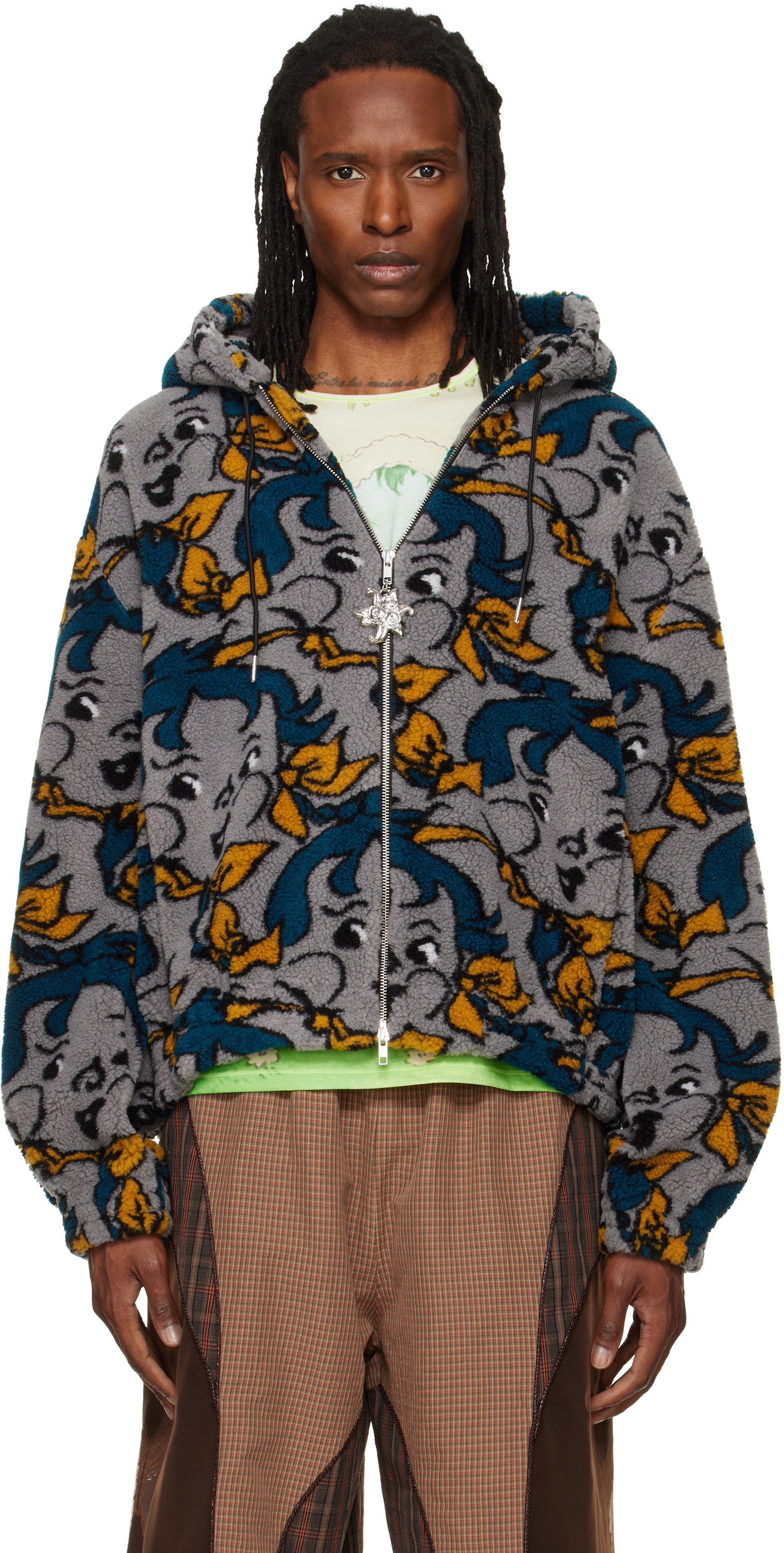 chopova lowena バラクラバ　フードビーニー　フリース Chopova Lowena: Gray 'Cheeky Girl' Oversized Hooded Fleece Jacket