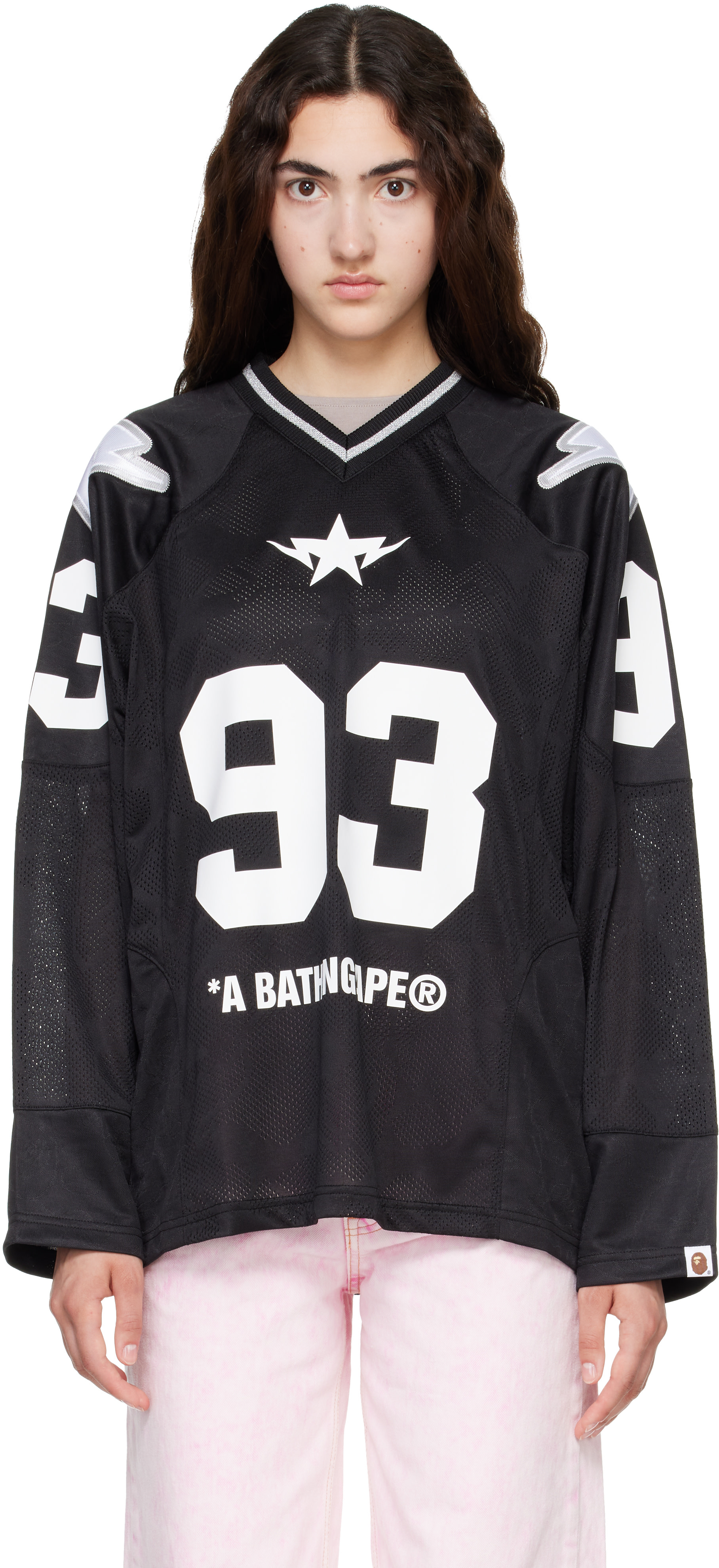 BAPE: Black Line Camo Multi Logo Football Jersey T-shirt | SSENSE