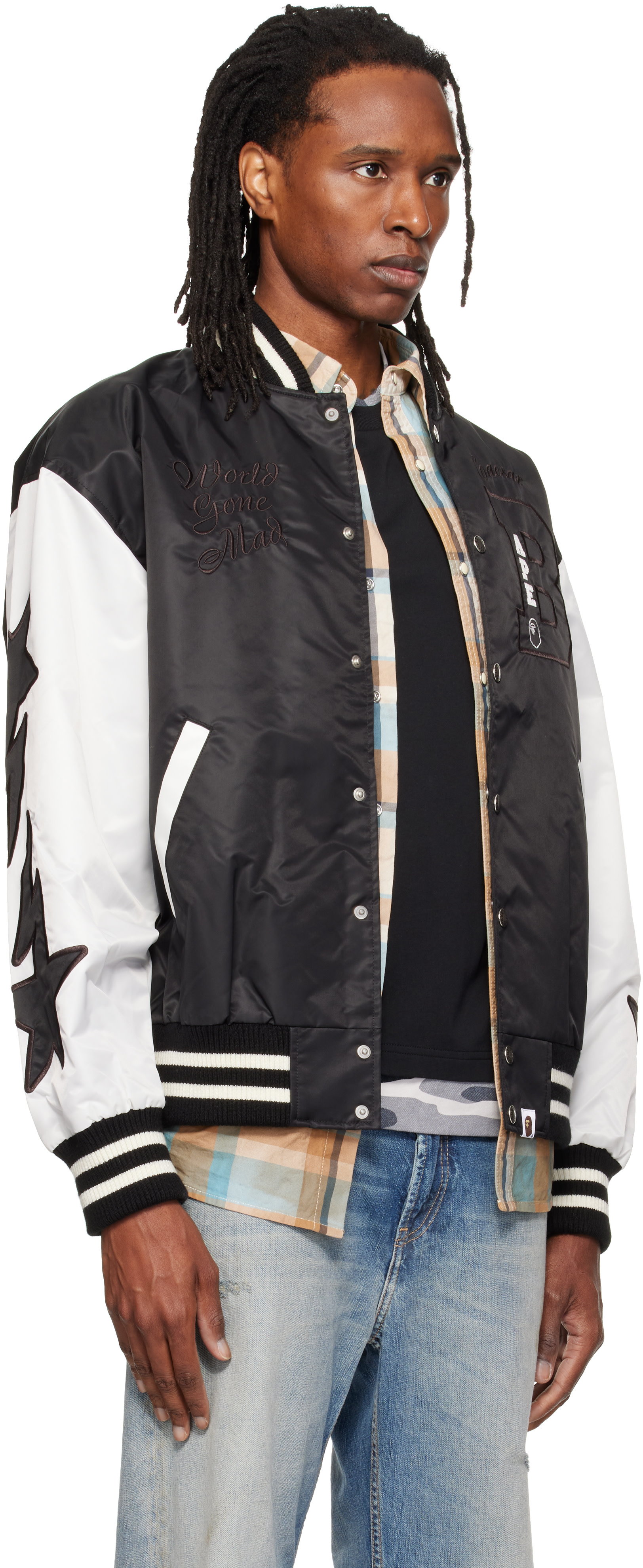 BAPE - ブラック&ホワイト 'BAPE' ナイロン バーシティ ボンバージャケット
