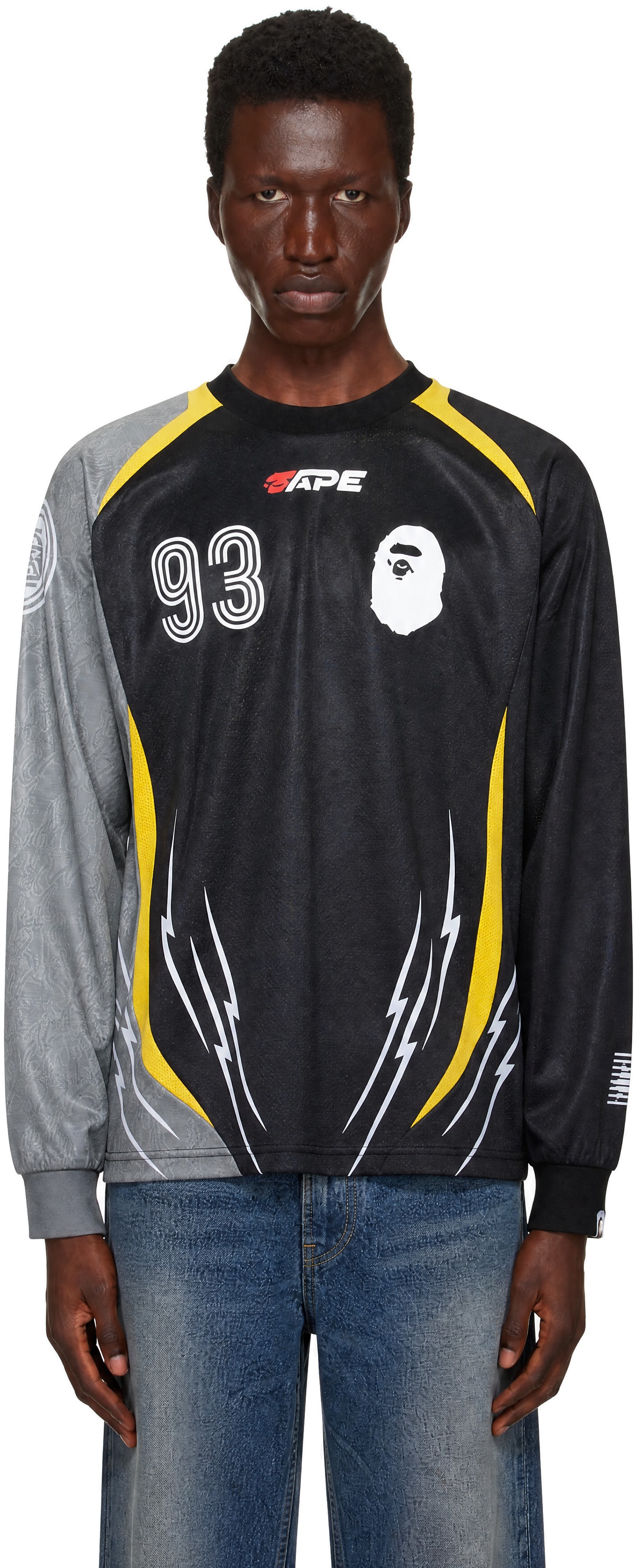 BAPE: Black Multi Logo Relaxed Fit Football Jersey | SSENSE Canada
