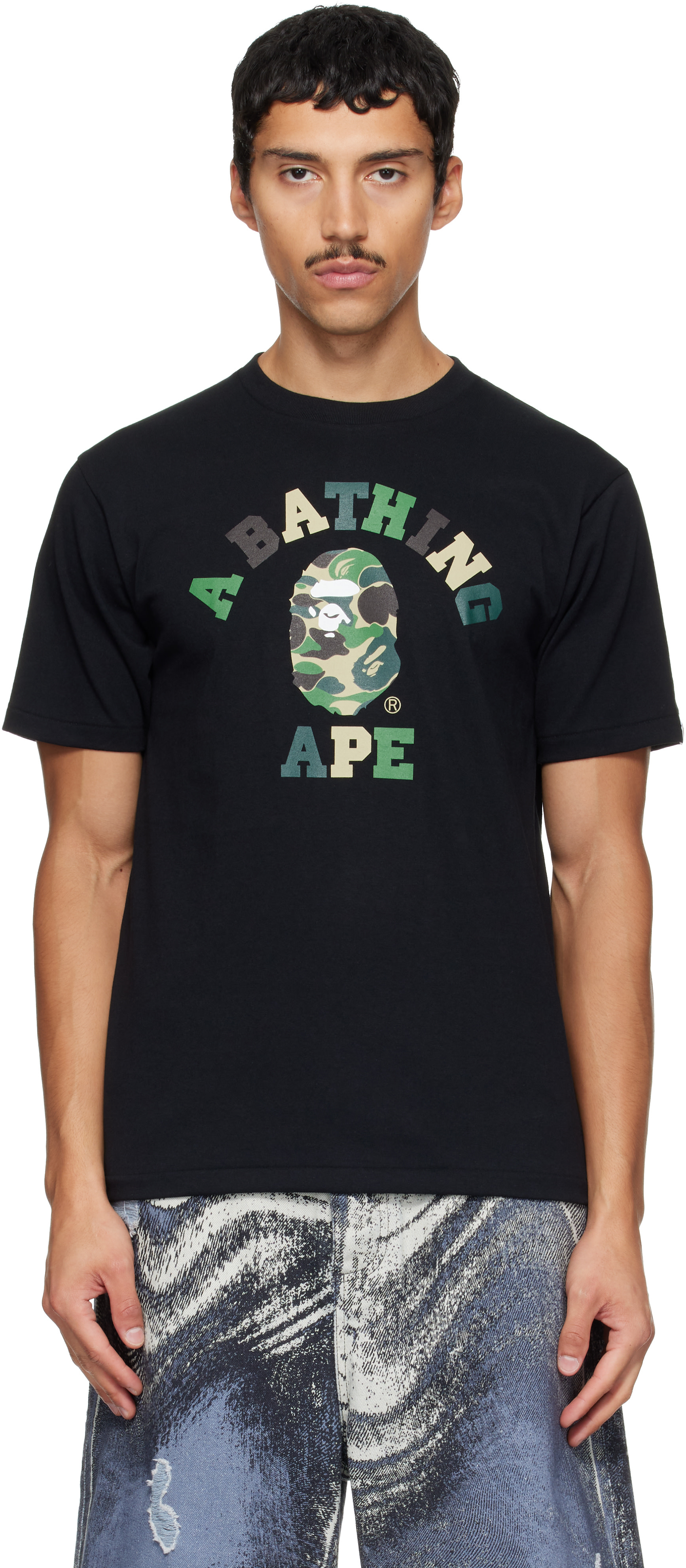 BAPE: Black ABC Camo College T-shirt | SSENSE