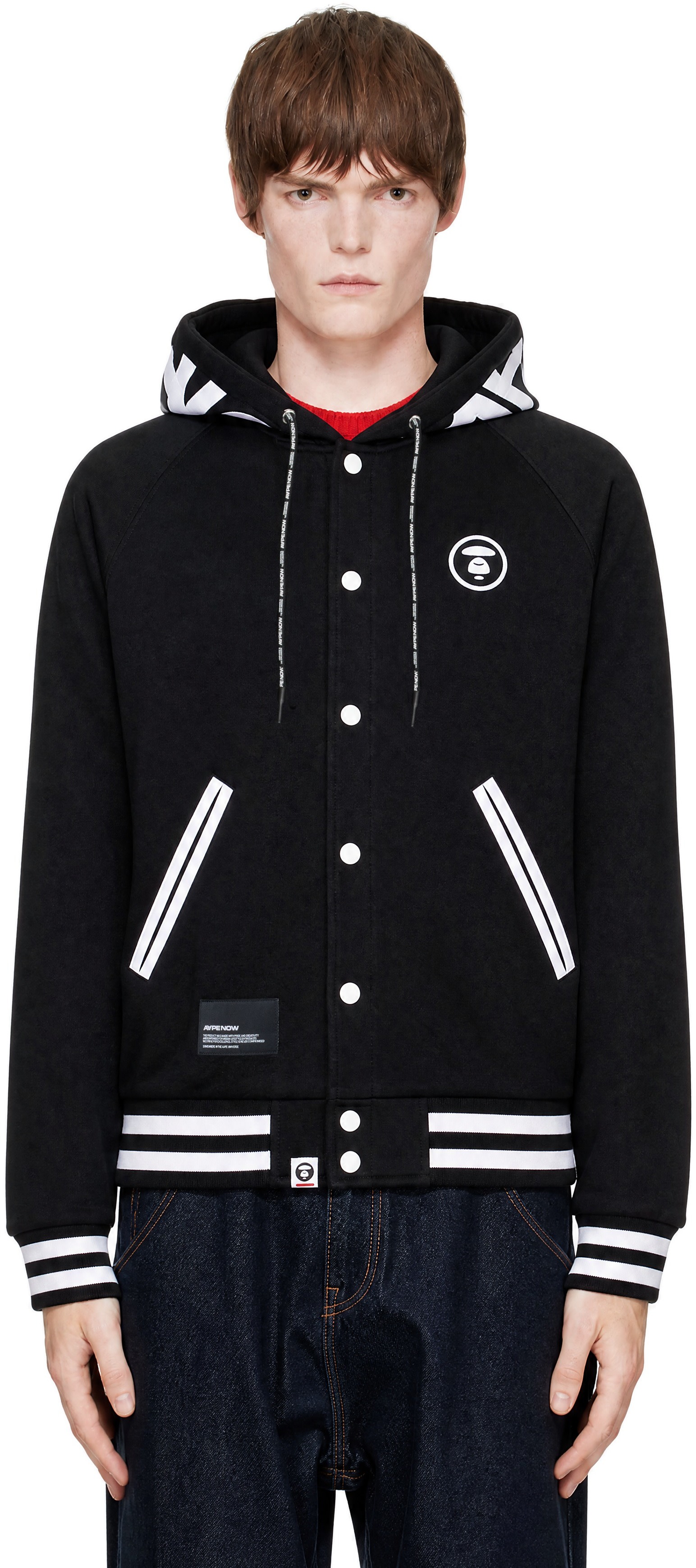 AAPE by A Bathing Ape - Black 'AAPENOW' Moonface Zip Up Varsity Jacket