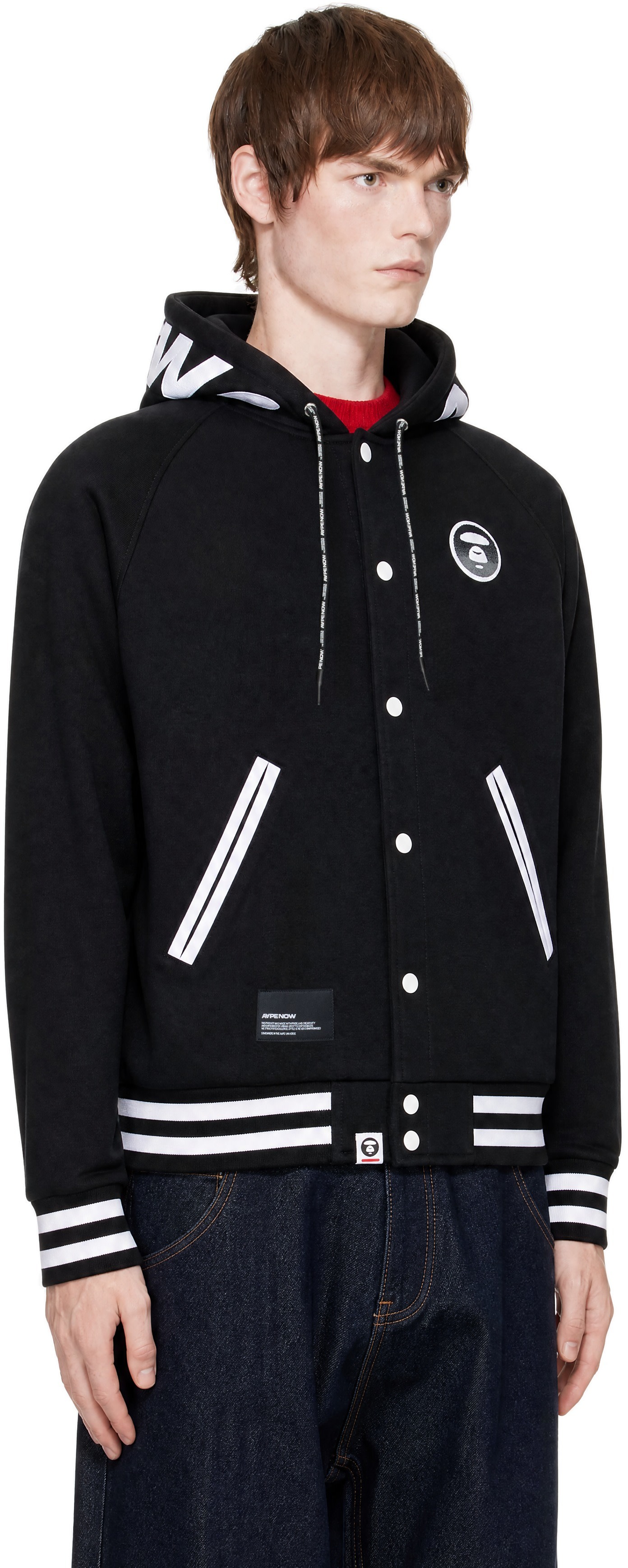 AAPE by A Bathing Ape - Black 'AAPENOW' Moonface Zip Up Varsity Jacket