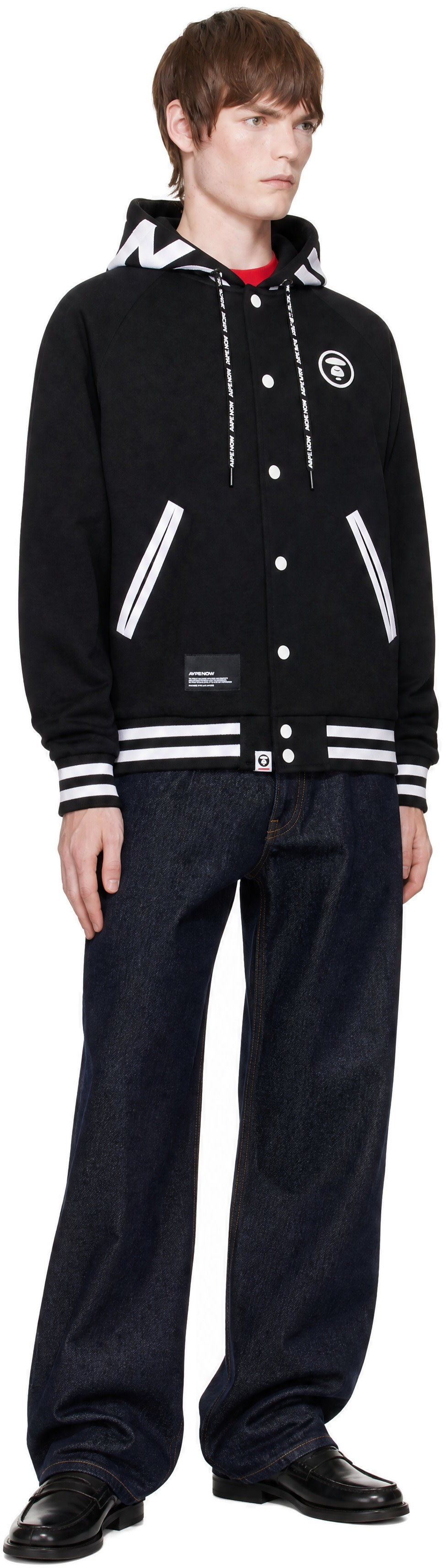 AAPE by A Bathing Ape - Black 'AAPENOW' Moonface Zip Up Varsity Jacket