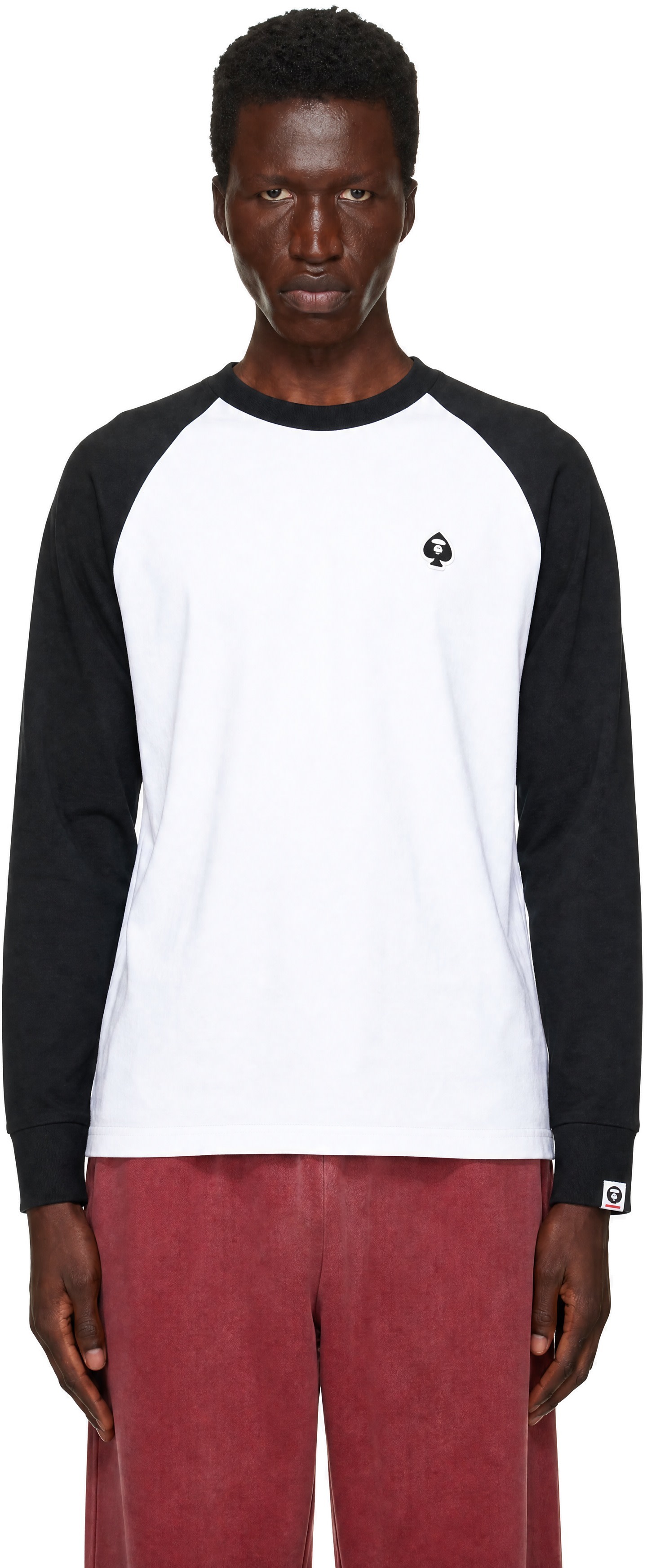 AAPE by A Bathing Ape: White & Black Spades Moonface Long Sleeve T