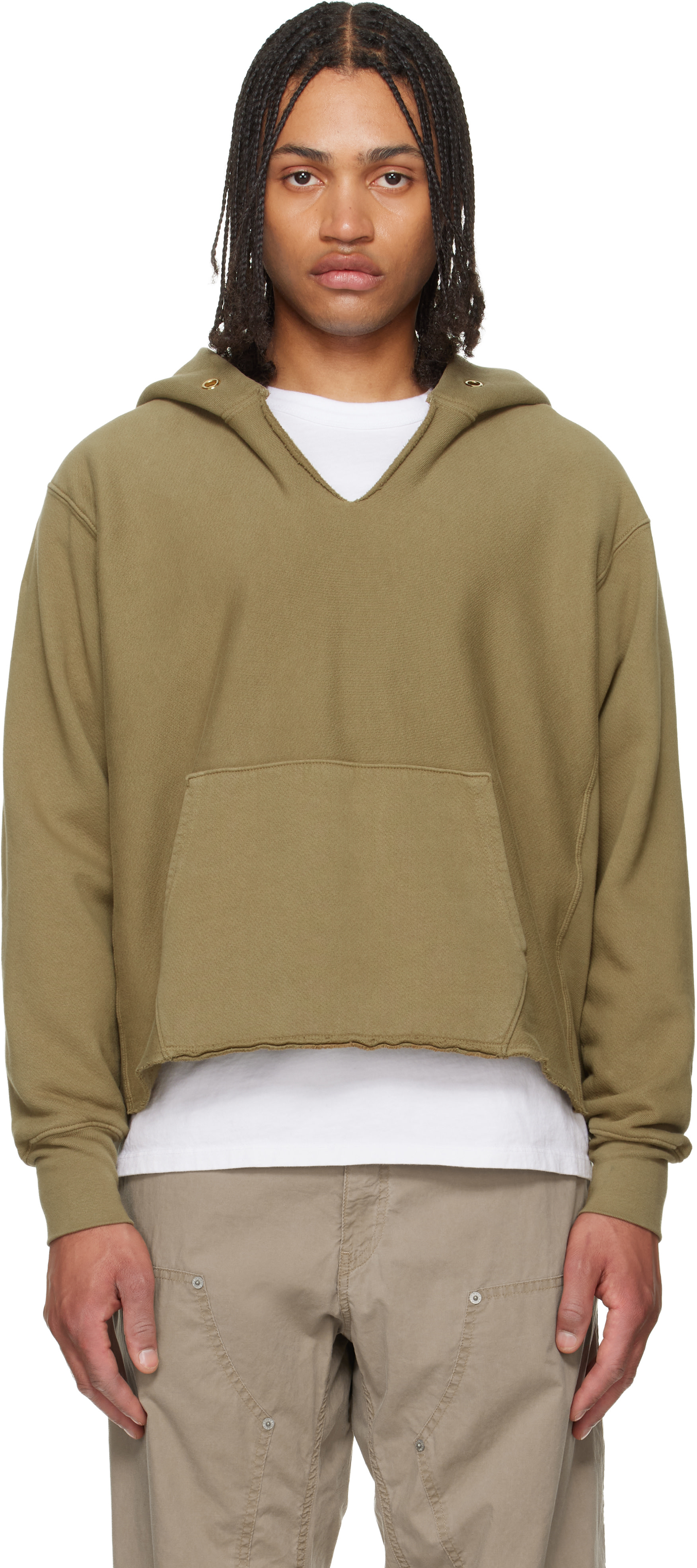 【新品タグ付】RHC別注LES TIEN CROPPED HOODIE Les Tien: Khaki Heavyweight Raw Cropped Hoodie | SSENSE