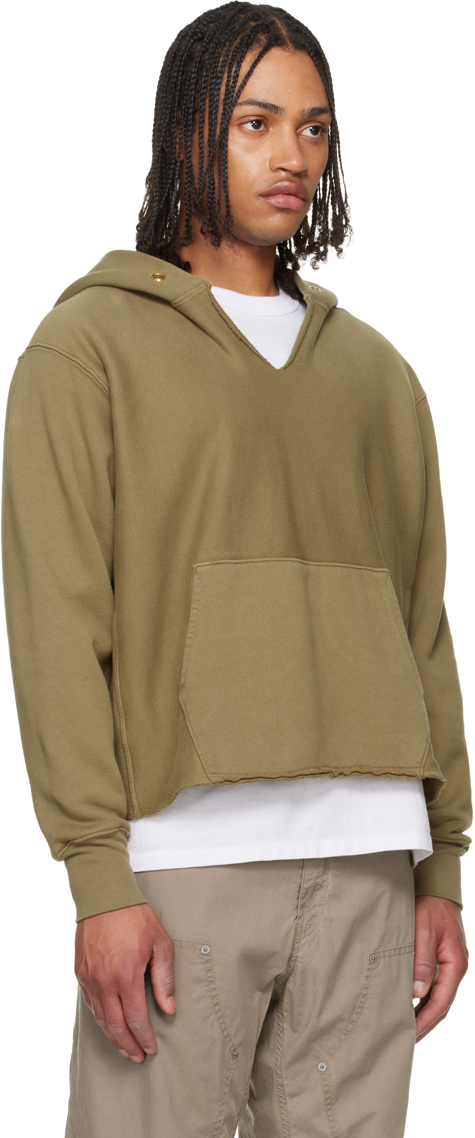 【新品タグ付】RHC別注LES TIEN CROPPED HOODIE Les Tien: Khaki Heavyweight Raw Cropped Hoodie | SSENSE