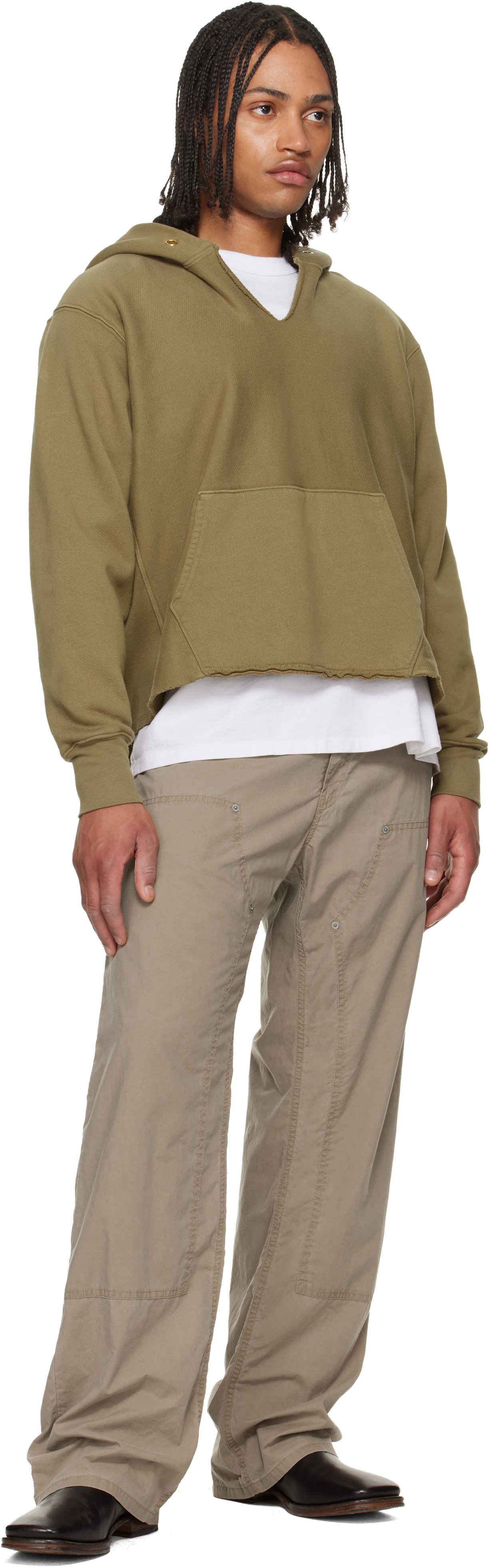 Les Tien: Khaki Heavyweight Raw Cropped Hoodie | SSENSE