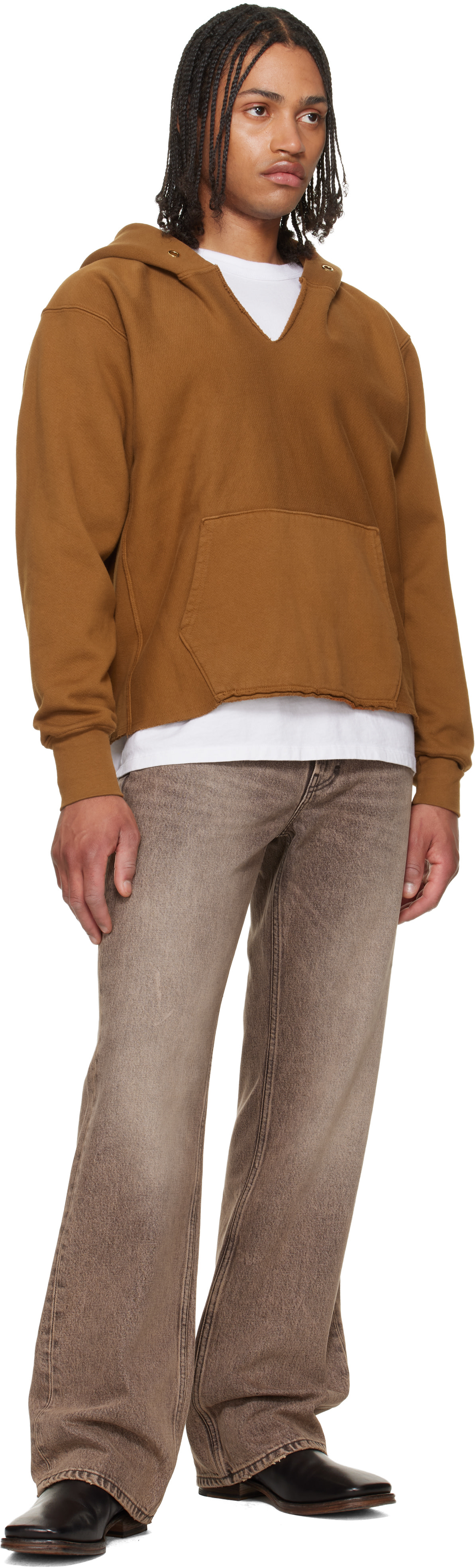 Les Tien: Tan Heavyweight Raw Cropped Hoodie | SSENSE