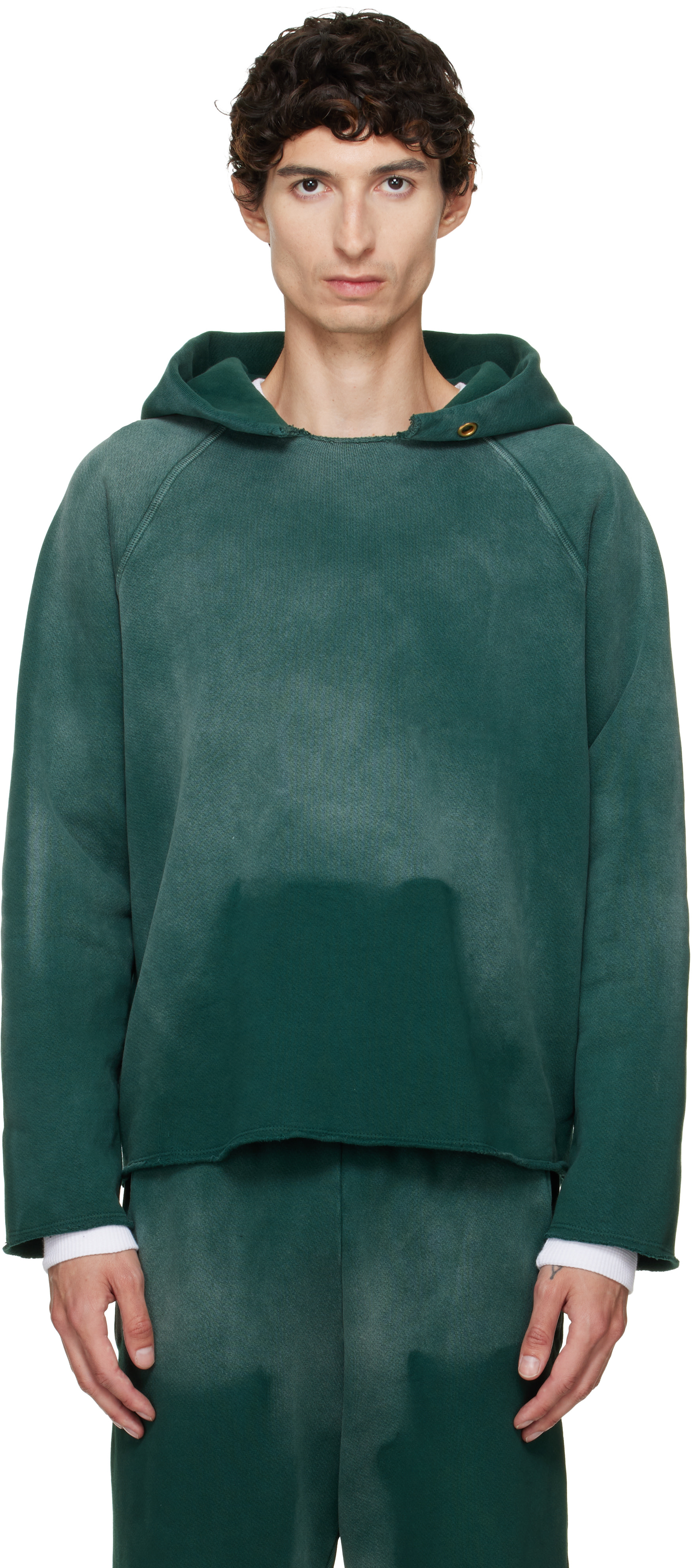 Les Tien: Green Heavyweight Raw Raglan Hoodie | SSENSE Canada