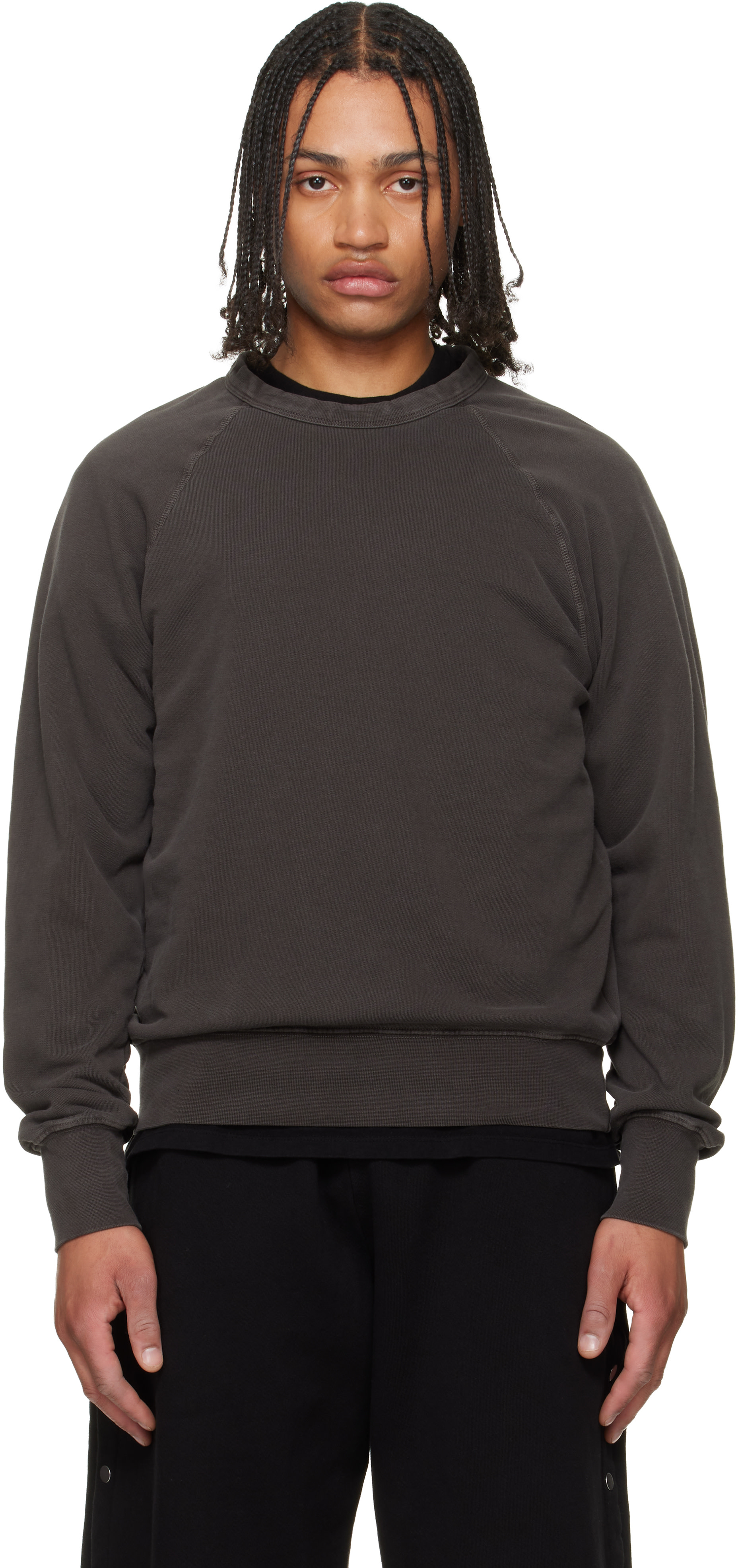 Les Tien: グレー Binded Neck Raglan フレンチテリー スウェット 