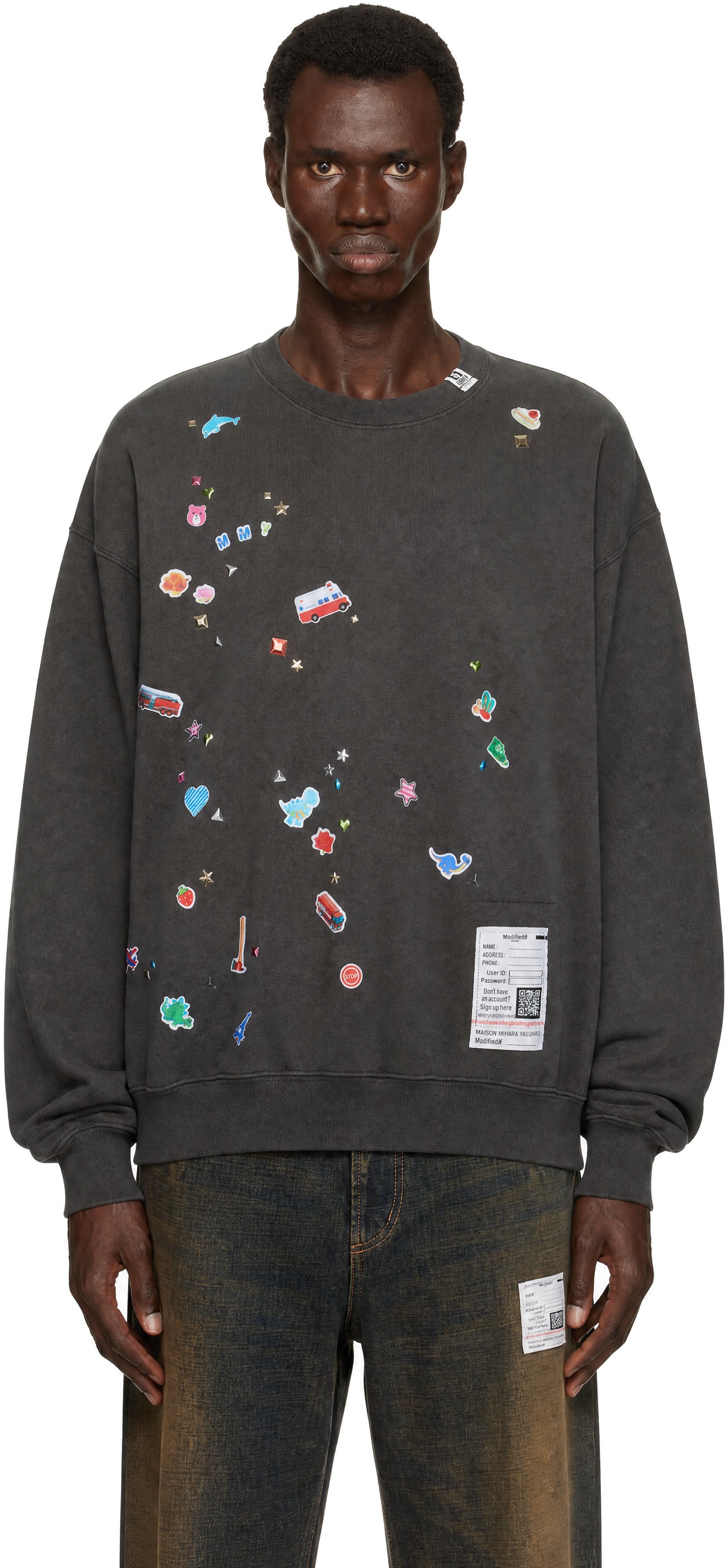 Maison MIHARA YASUHIRO - Pull molletonné noir à images d'autocollant imprimées