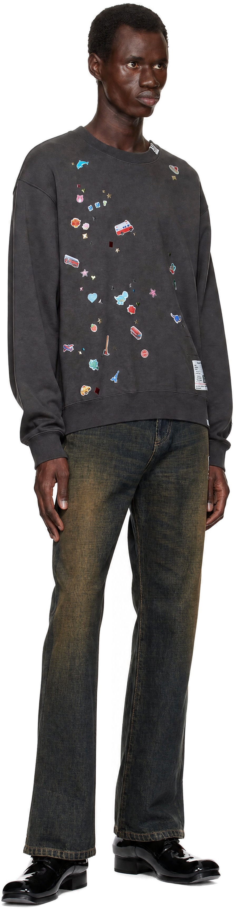 Maison MIHARA YASUHIRO - Pull molletonné noir à images d'autocollant imprimées