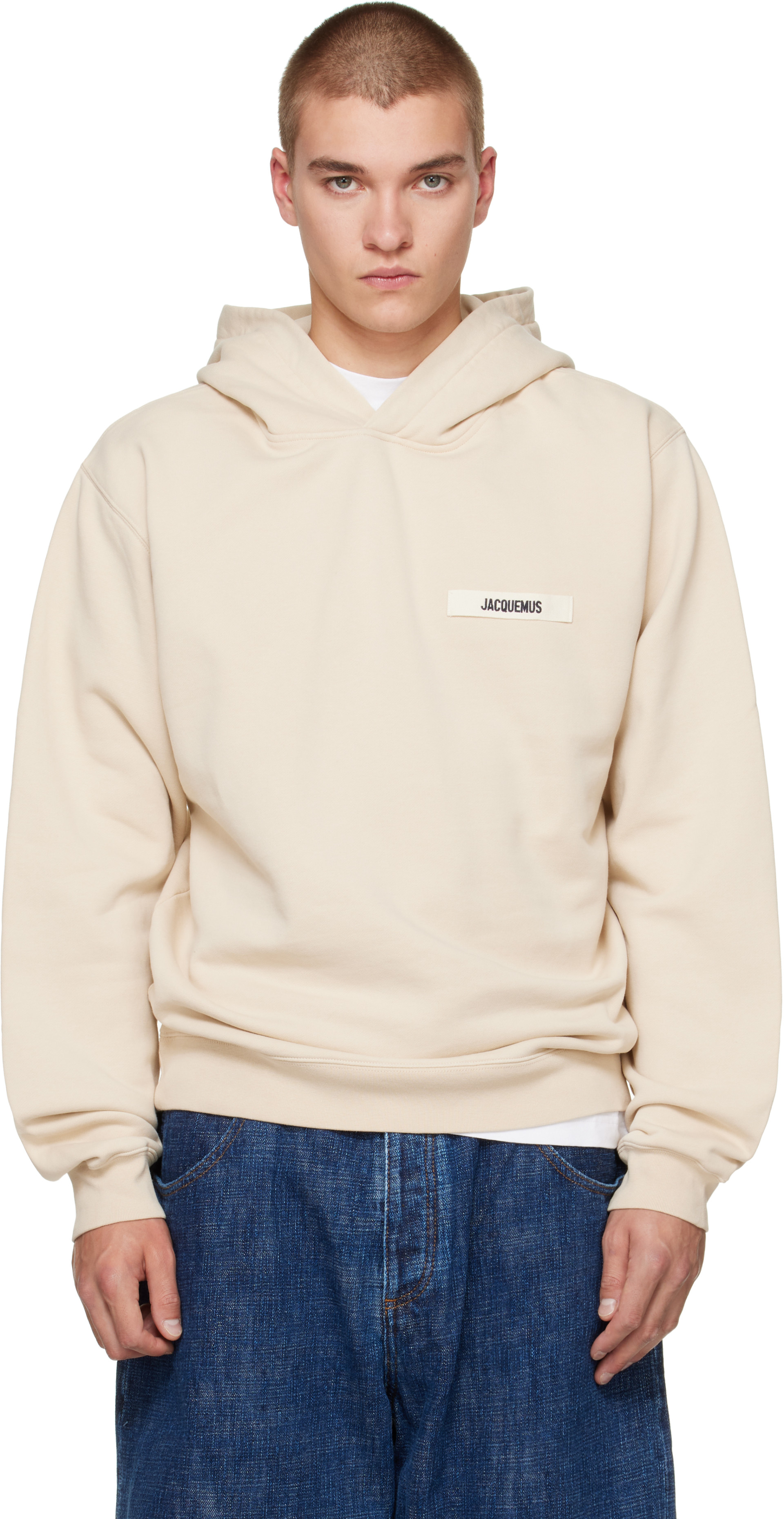 JACQUEMUS - Pull à capuche beige à écusson en gros-grain