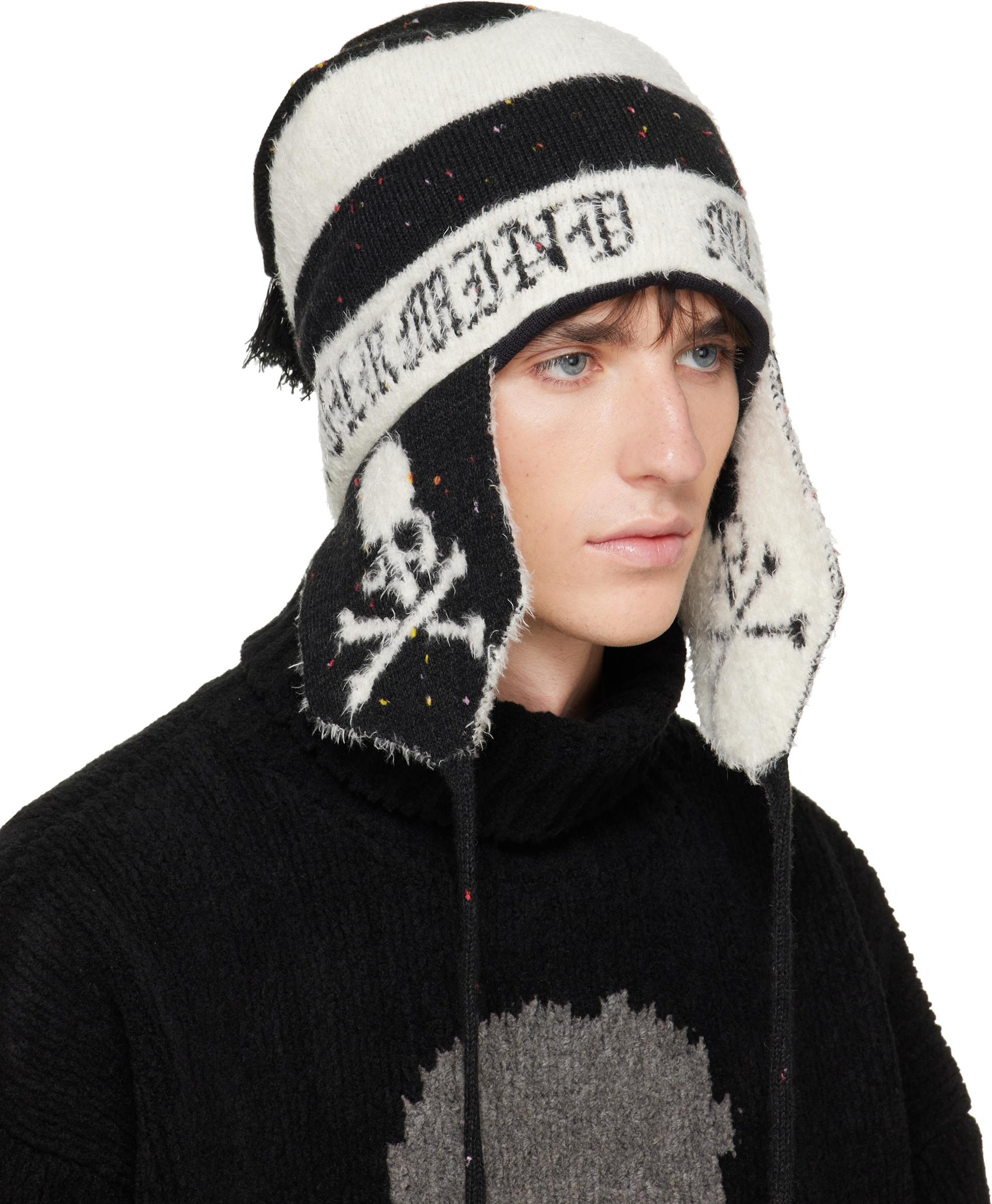 mastermind JAPAN: Black & White Cashmere Tweed Beanie | SSENSE
