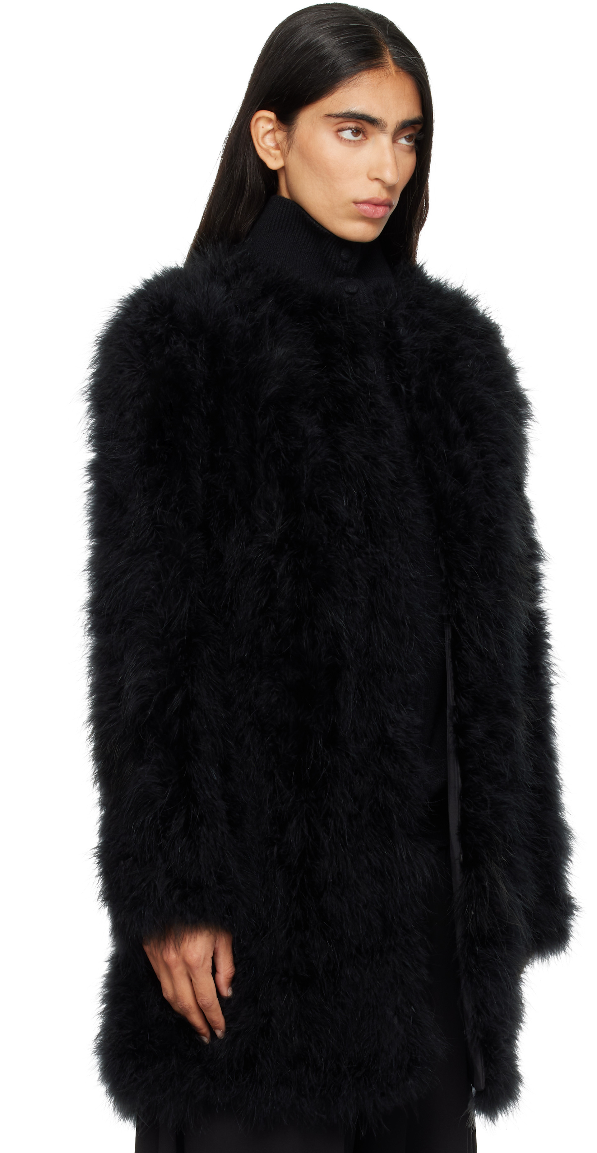 YVES SALOMON リアルレッキスファーグローブ　黒 Yves Salomon: Black Feather Coat | SSENSE