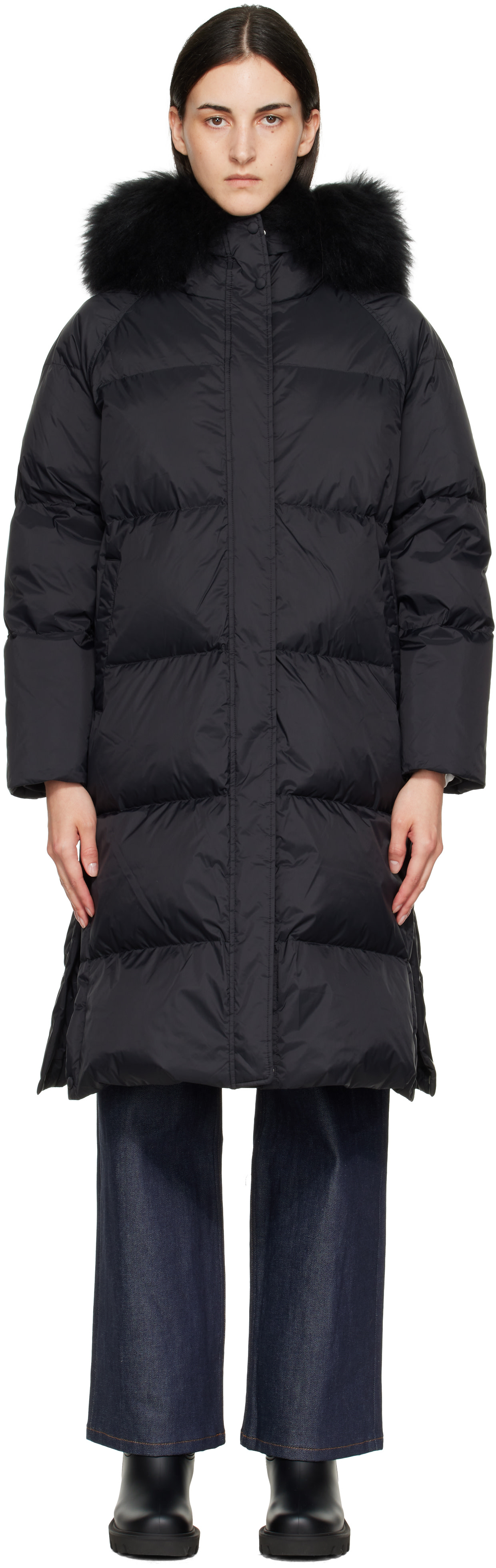 Yves Salomon: Black Waterproof Technical Lambswool Trim Long Down