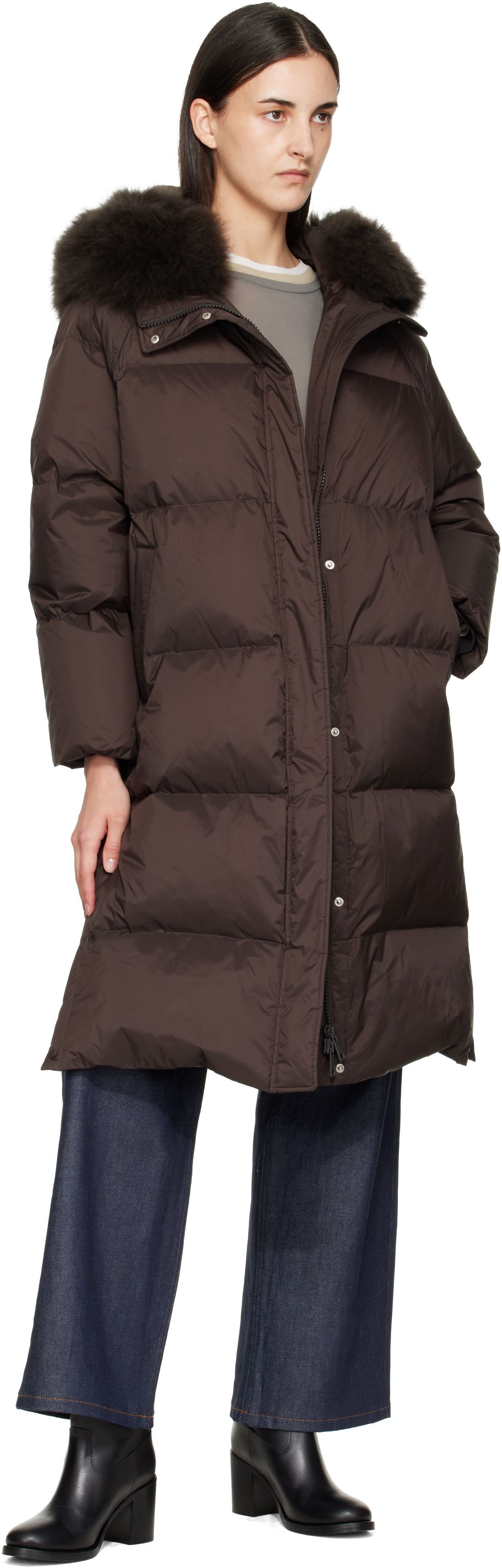 Yves Salomon: Brown Waterproof Technical Lambswool Trim Long Down