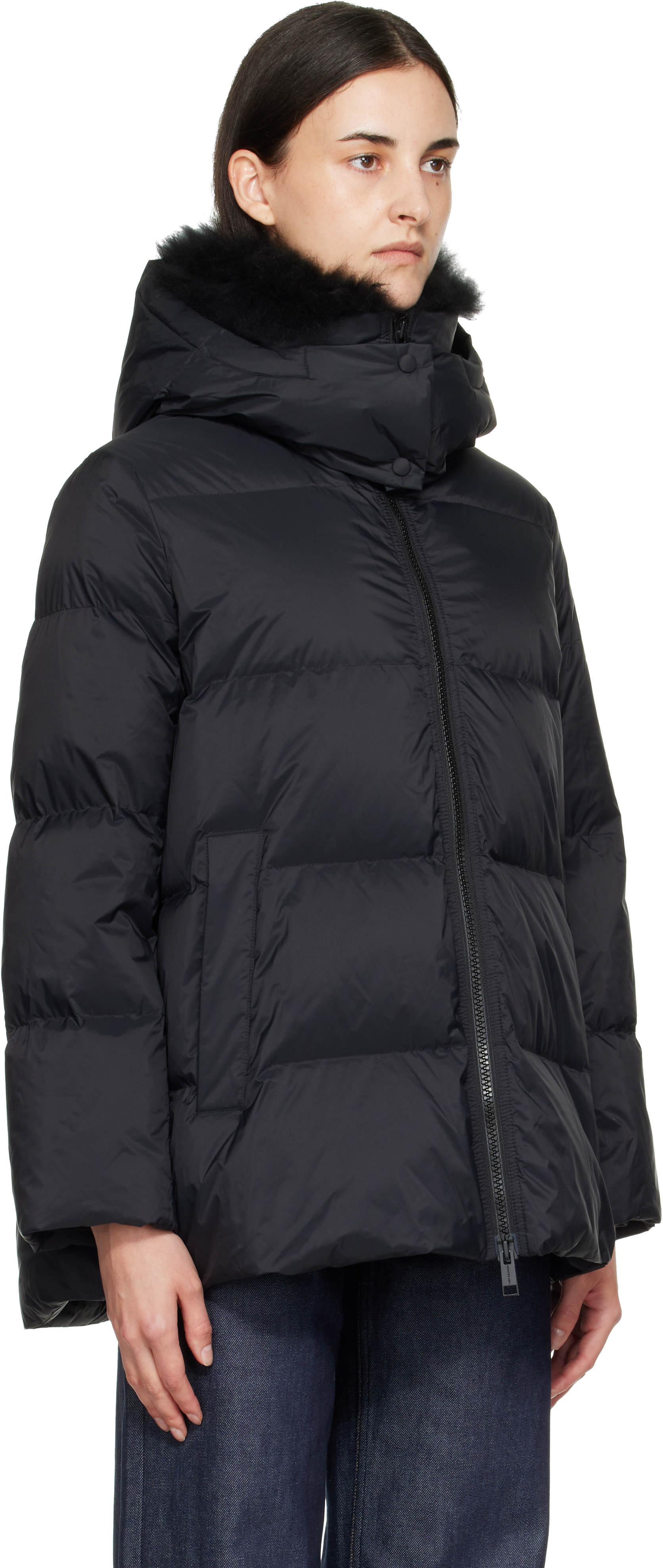 Yves Salomon: Black Waterproof Technical Lambswool Trim A-Line