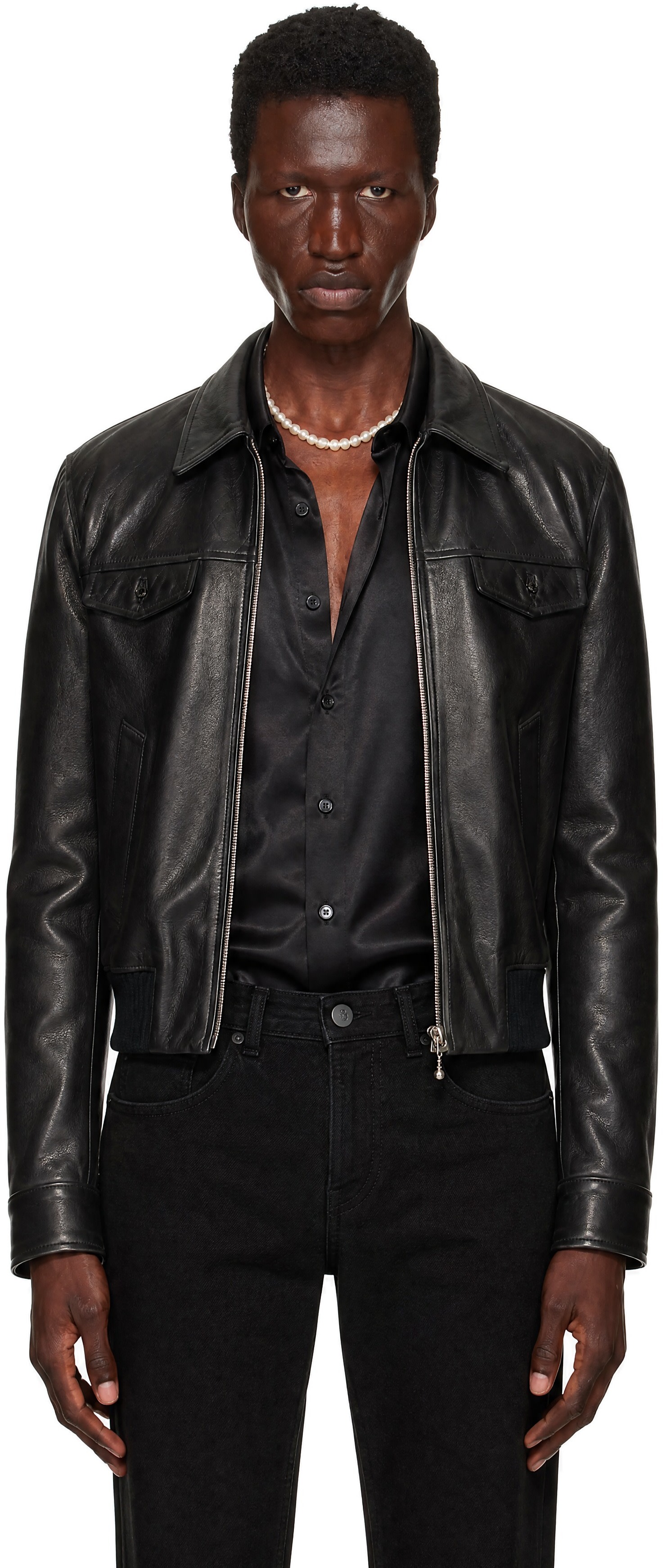 Ernest W. Baker - Black Embellished Leather Bomber Jacket