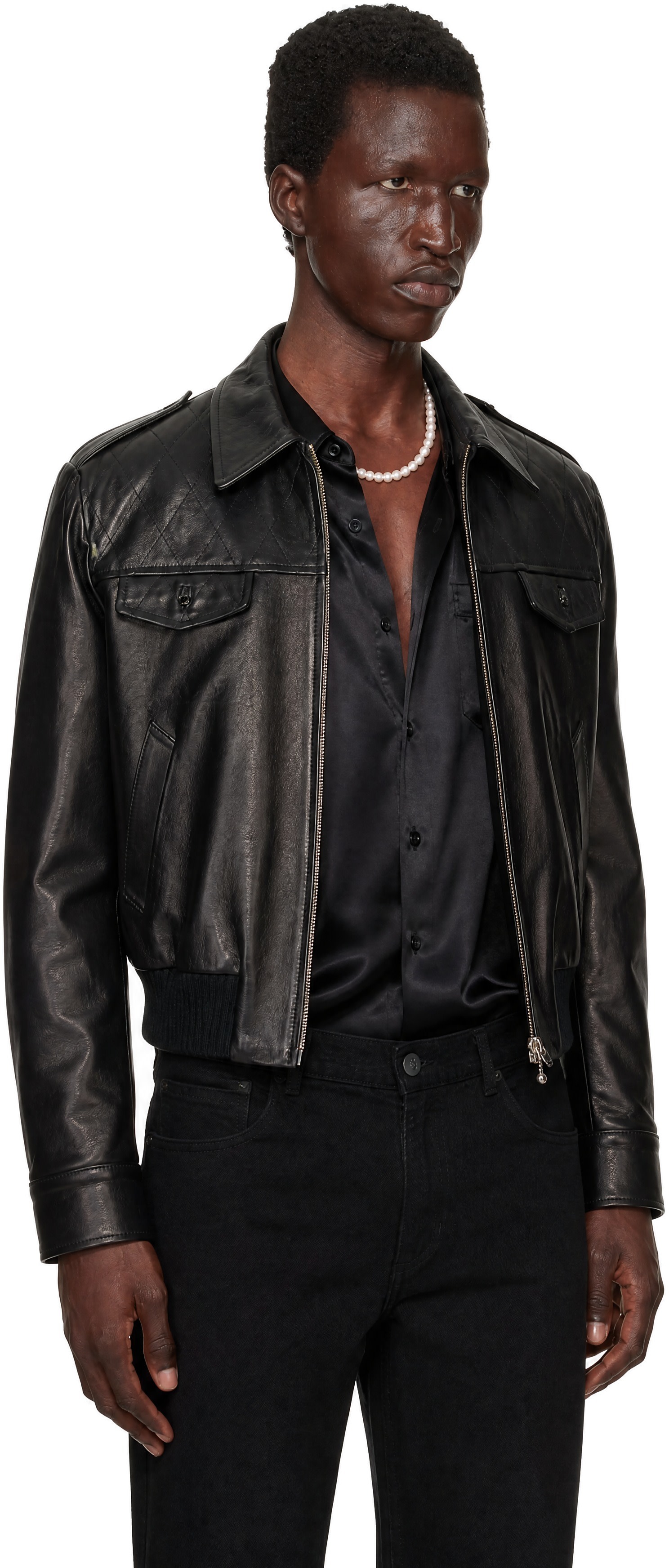 Ernest W. Baker - Black Embellished Leather Bomber Jacket