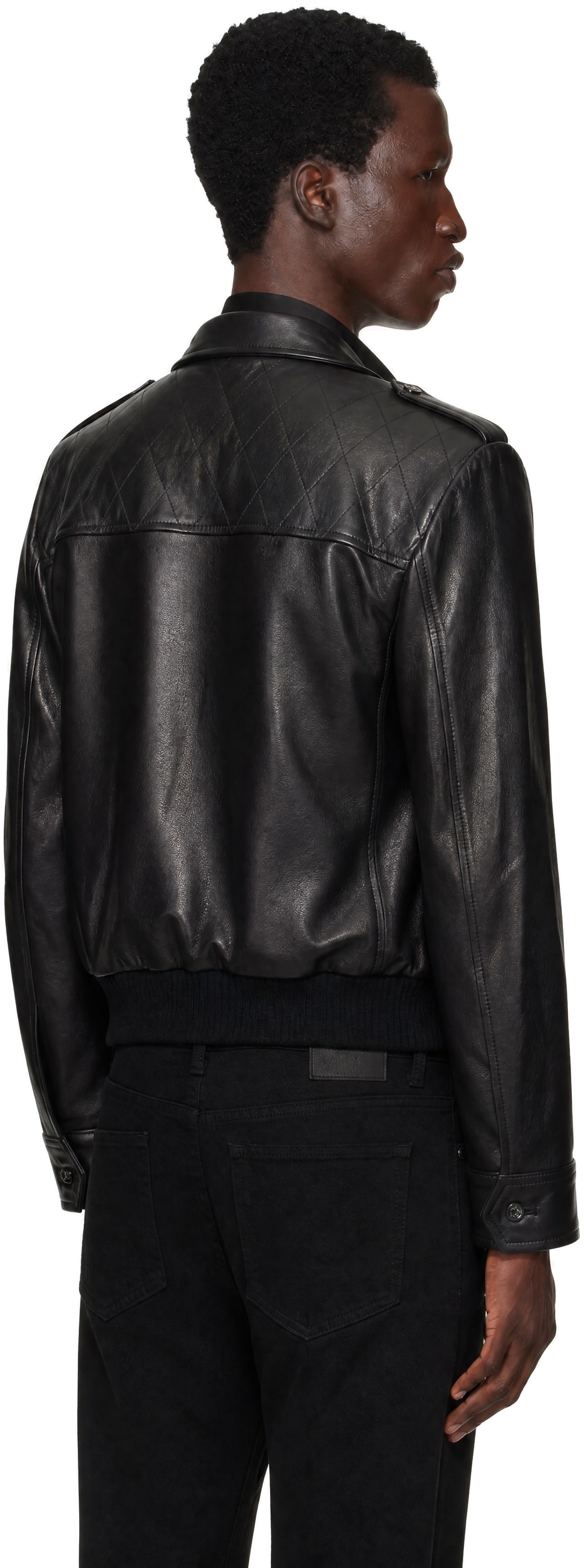 Ernest W. Baker - Black Embellished Leather Bomber Jacket
