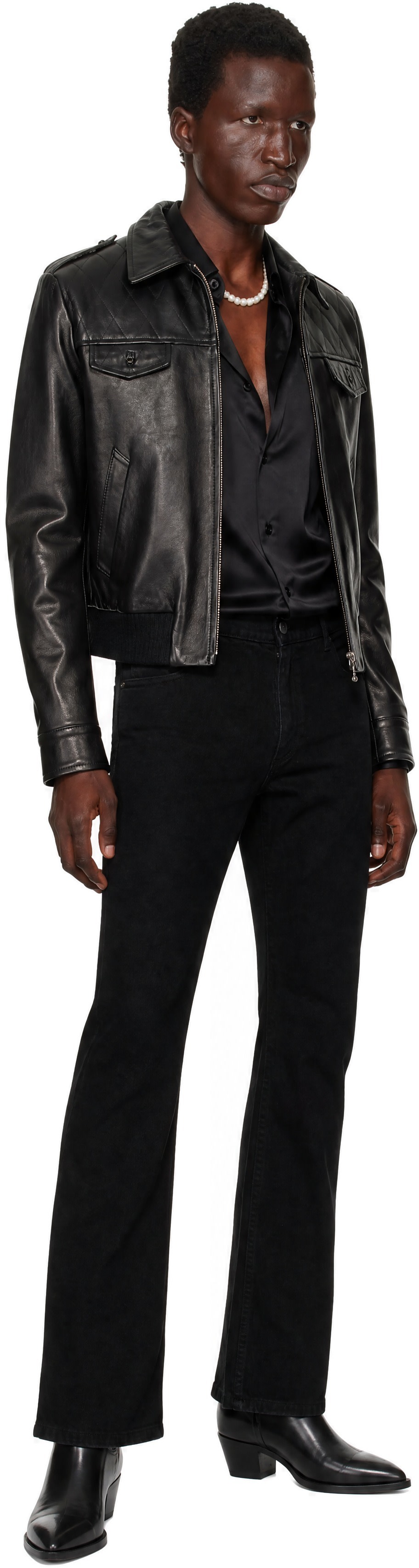 Ernest W. Baker - Black Embellished Leather Bomber Jacket