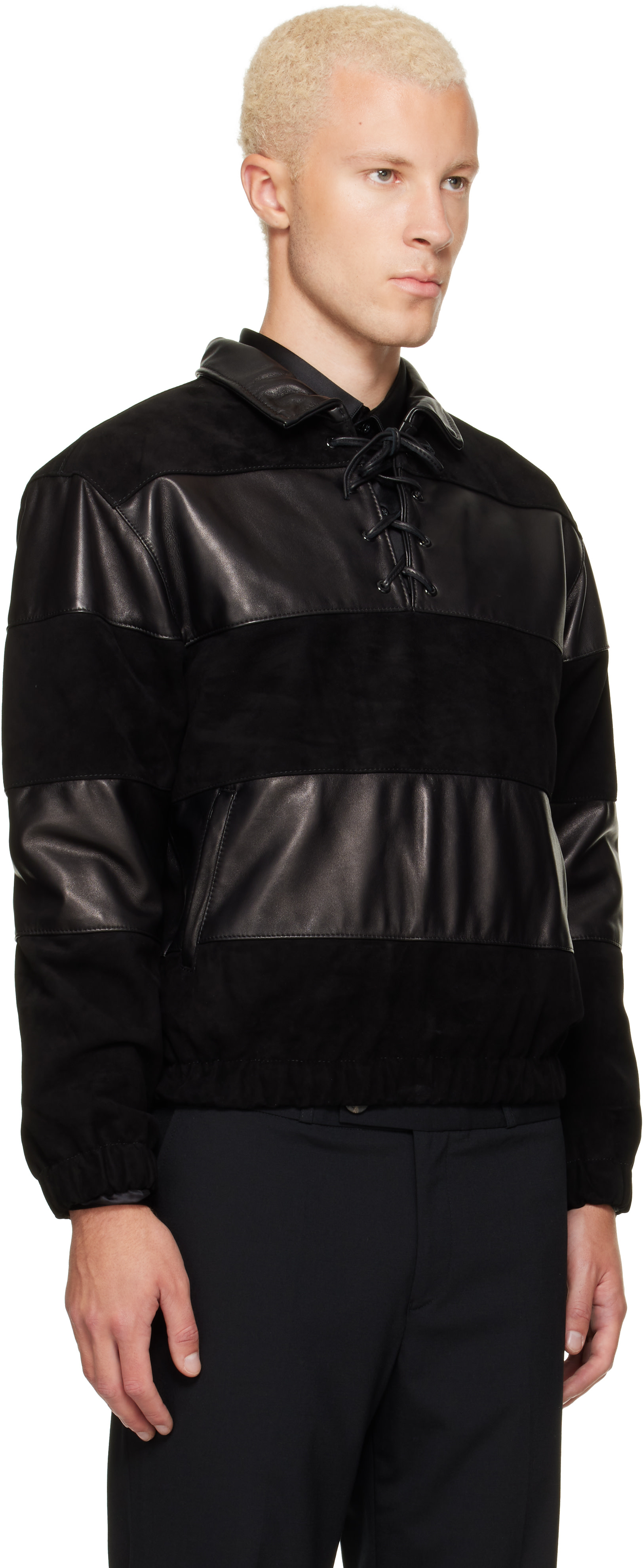 Ernest W. Baker: Black Leather & Suede Sailor Jacket | SSENSE