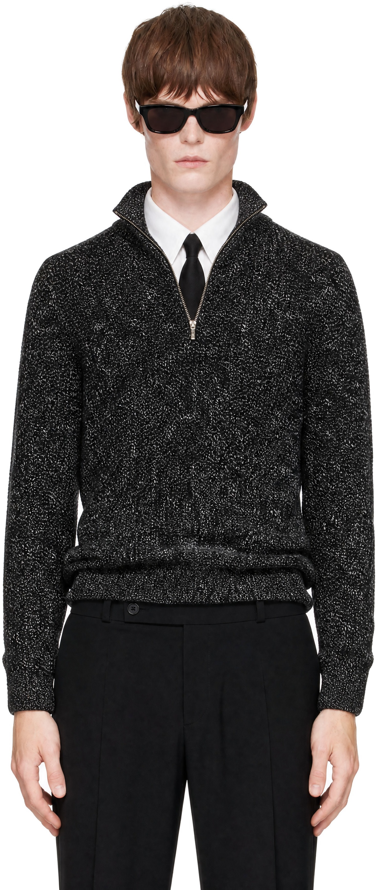 Ernest W. Baker: Black & Off-White Tweed Half-Zip Polo | SSENSE
