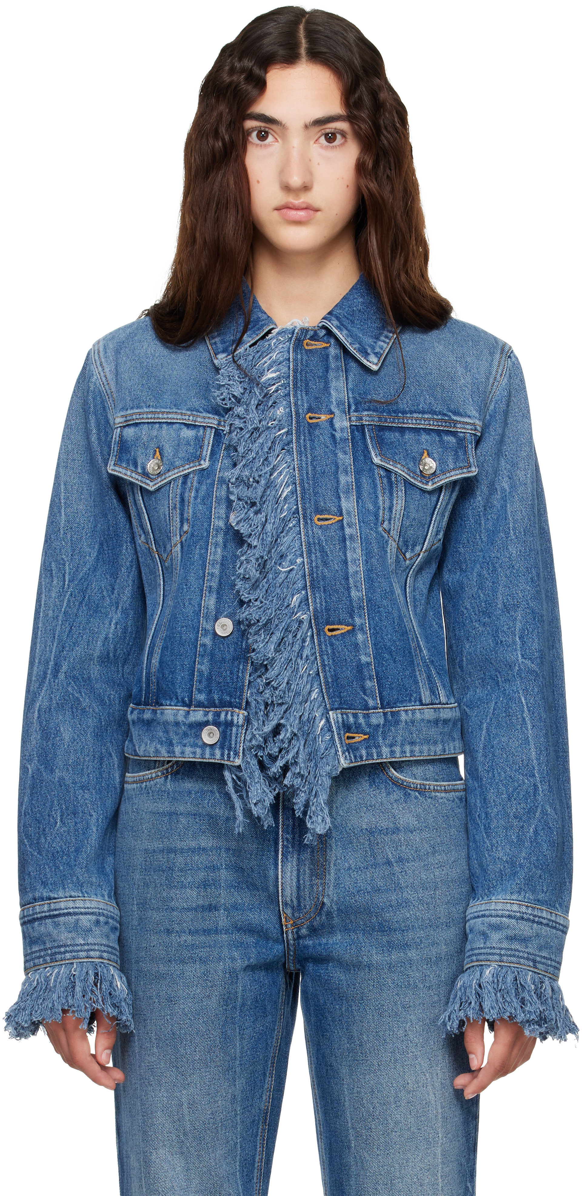 Rabanne: ブルー Fitted Fringe デニムジャケット | SSENSE 日本