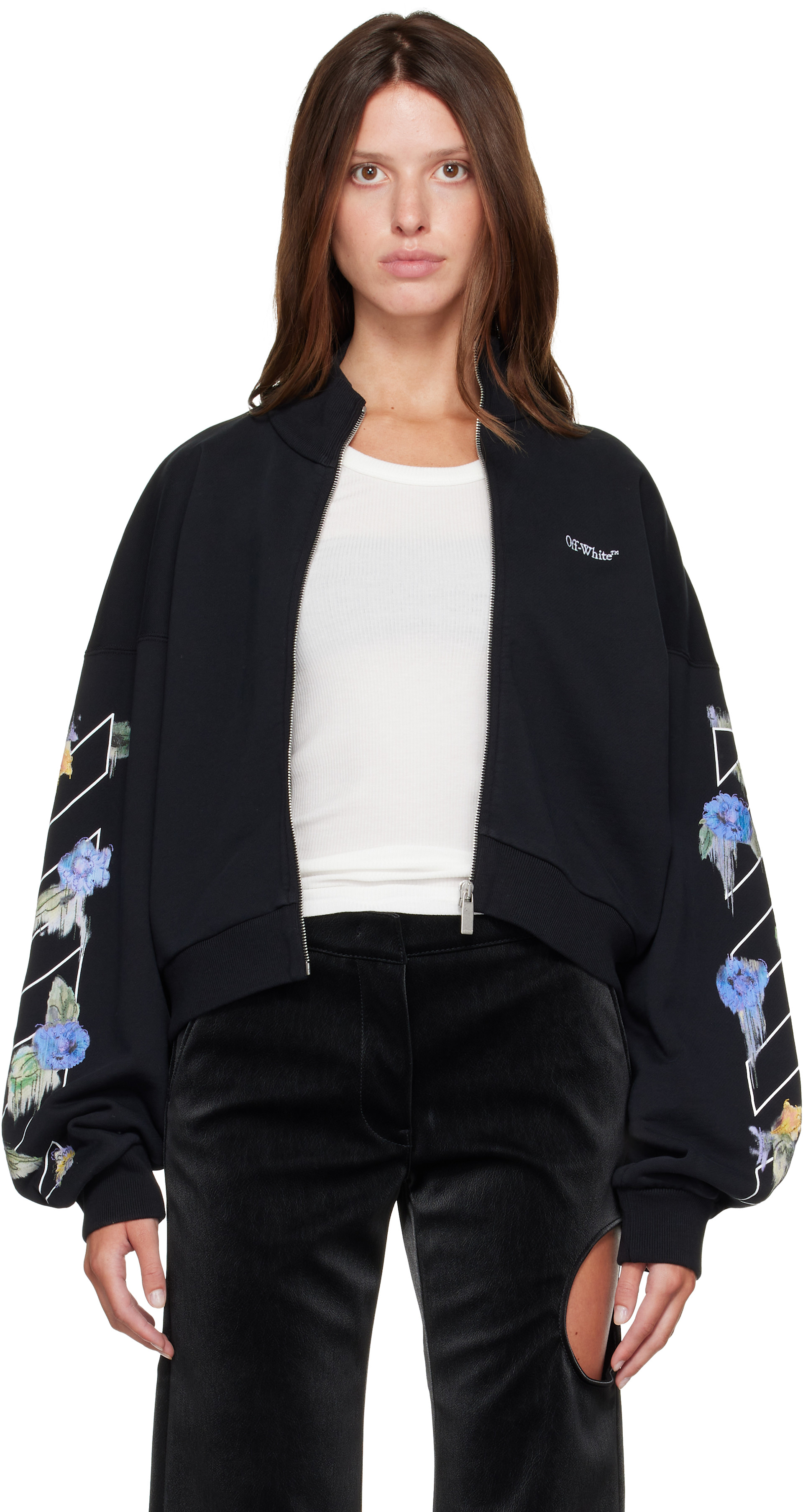 Off-White: ブラック Embroidered Arrow Out Flower ジップアップ
