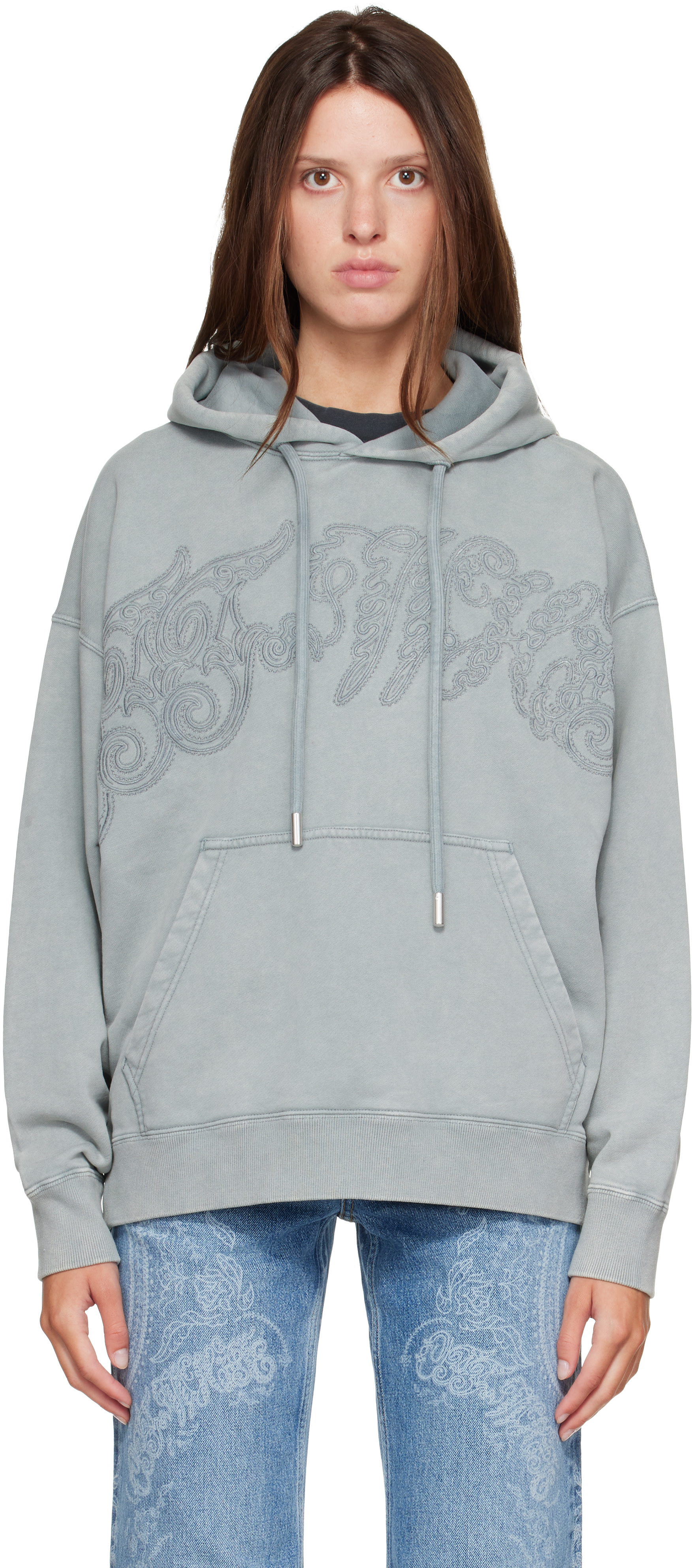 Off-White - Pull à capuche de planchiste gris à motif cachemire brodé