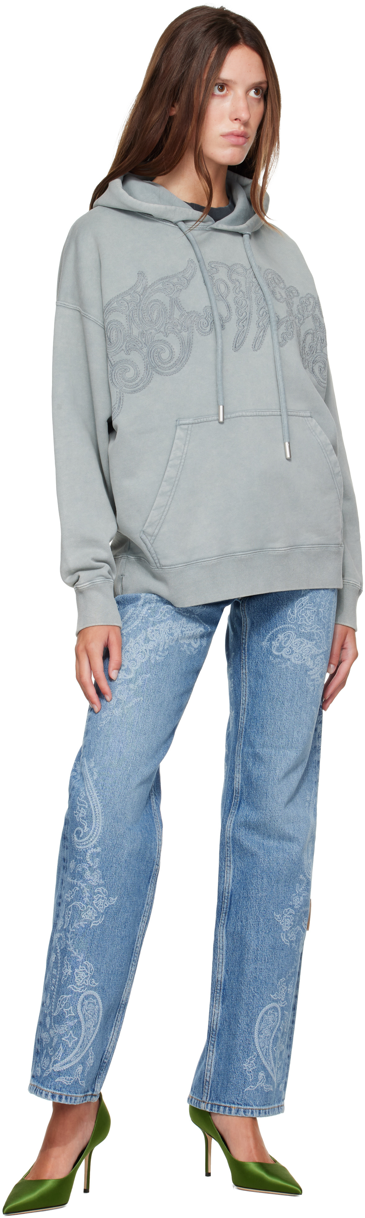 Off-White - Pull à capuche de planchiste gris à motif cachemire brodé