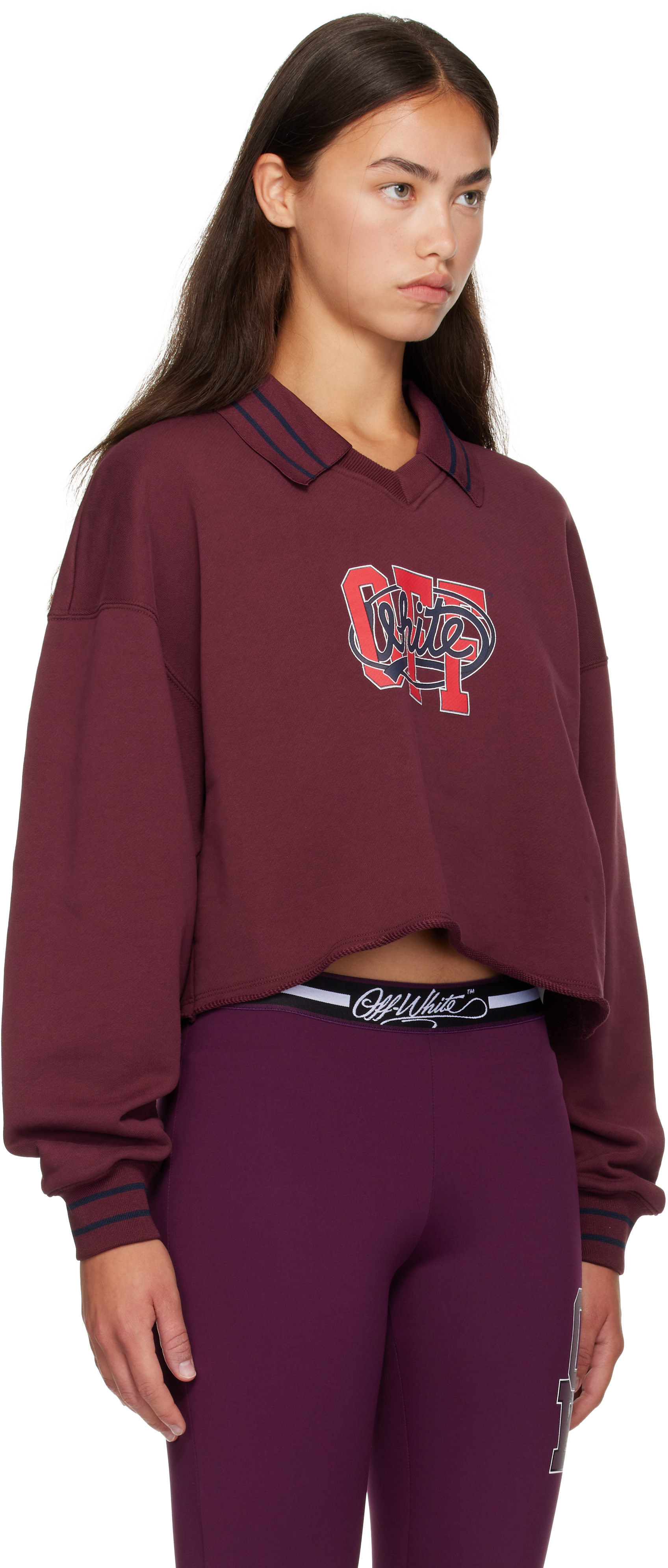 Off-White - Pull molletonné écourté bourgogne à col classique et à logo de style collégial