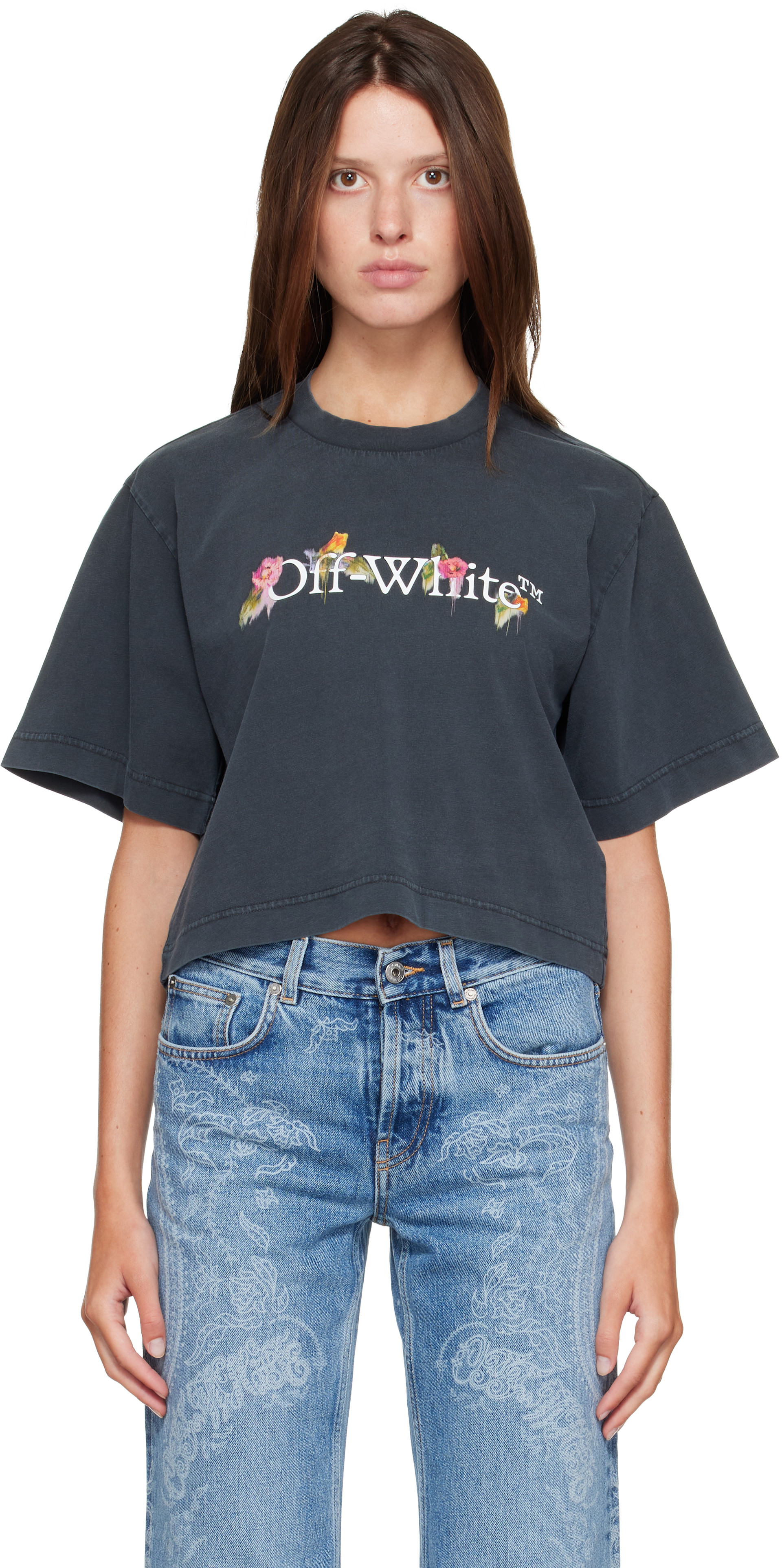 Off-White: Gray Bookish Flower Crop T-shirt | SSENSE