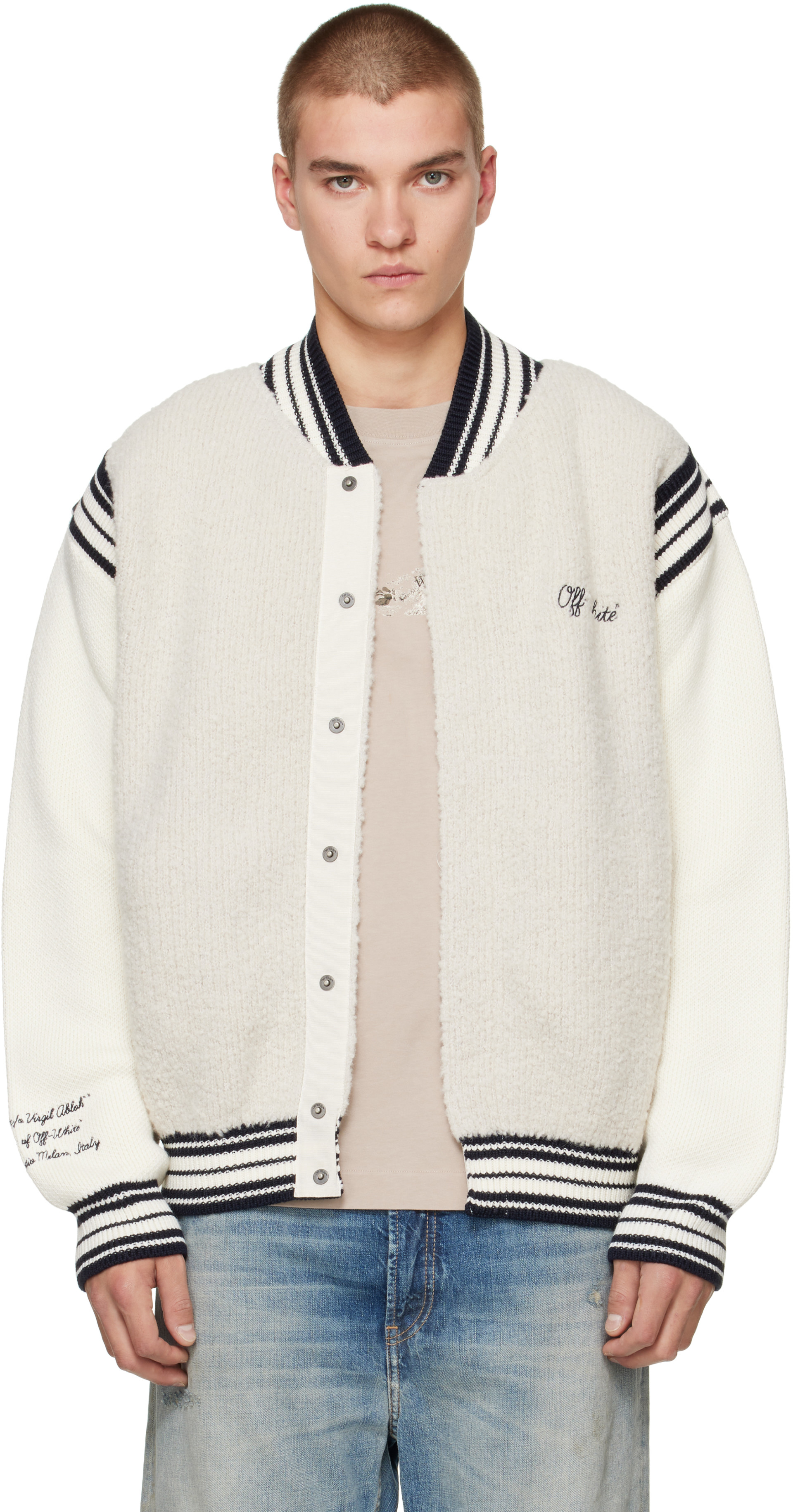 Off-White - Gray & Off-White Script Logo Knit Bomber Jacket