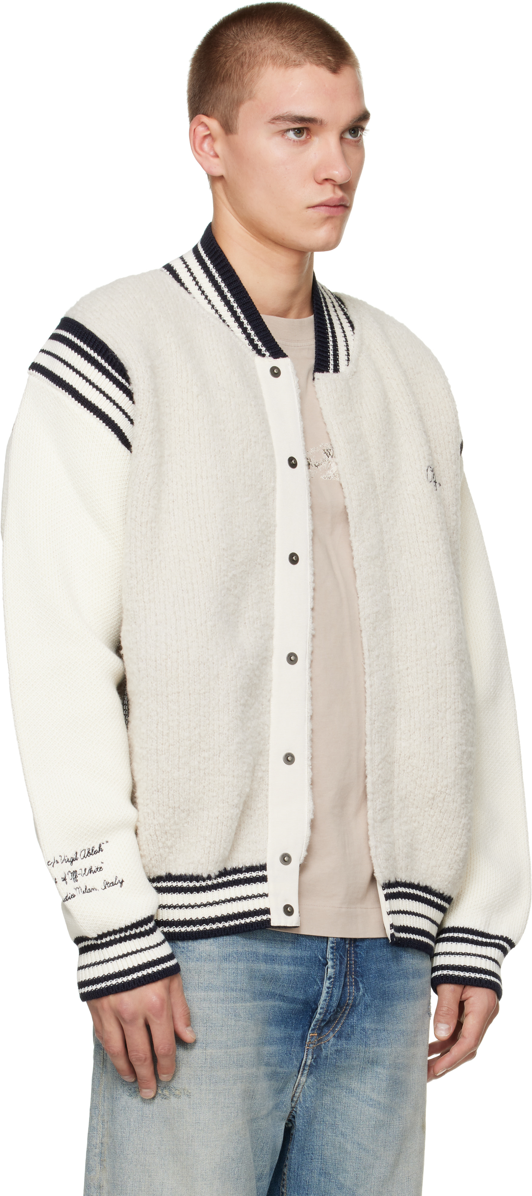 Off-White - Gray & Off-White Script Logo Knit Bomber Jacket