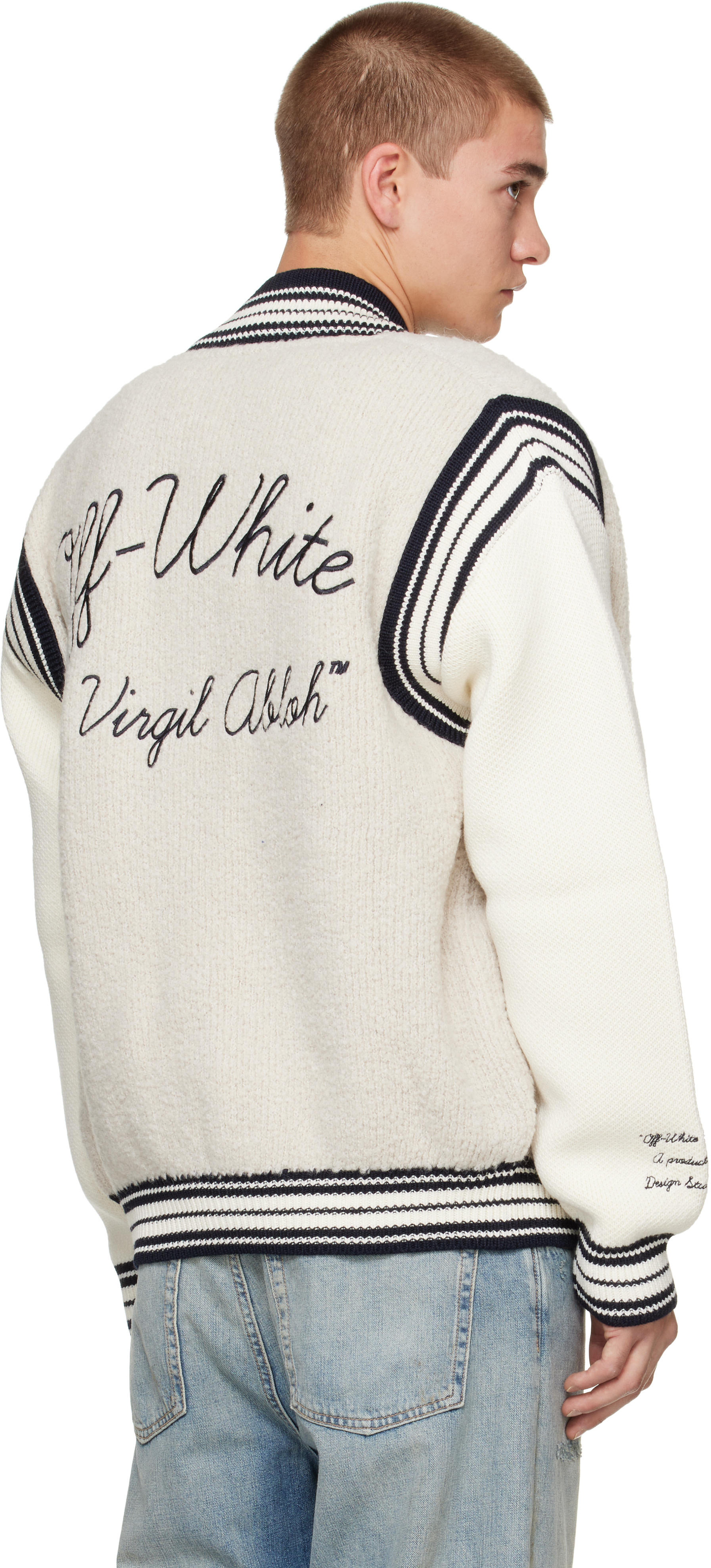 Off-White - Gray & Off-White Script Logo Knit Bomber Jacket