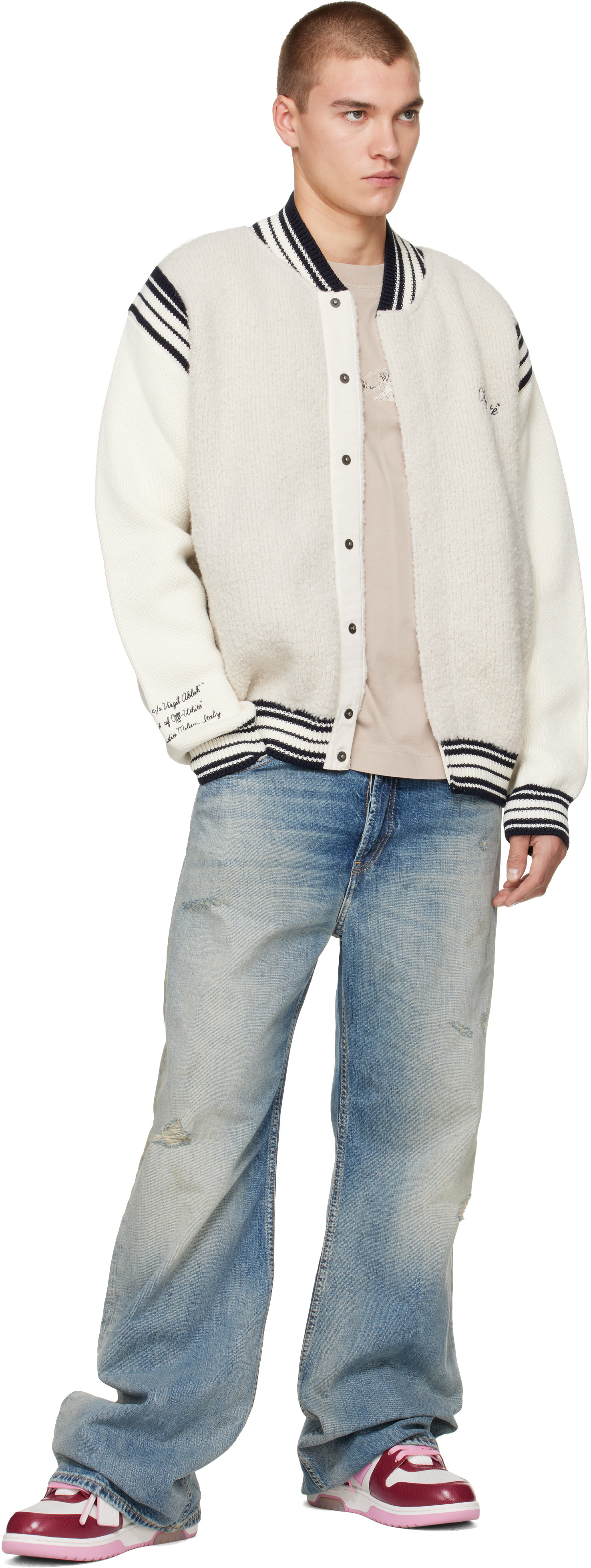 Off-White - Gray & Off-White Script Logo Knit Bomber Jacket