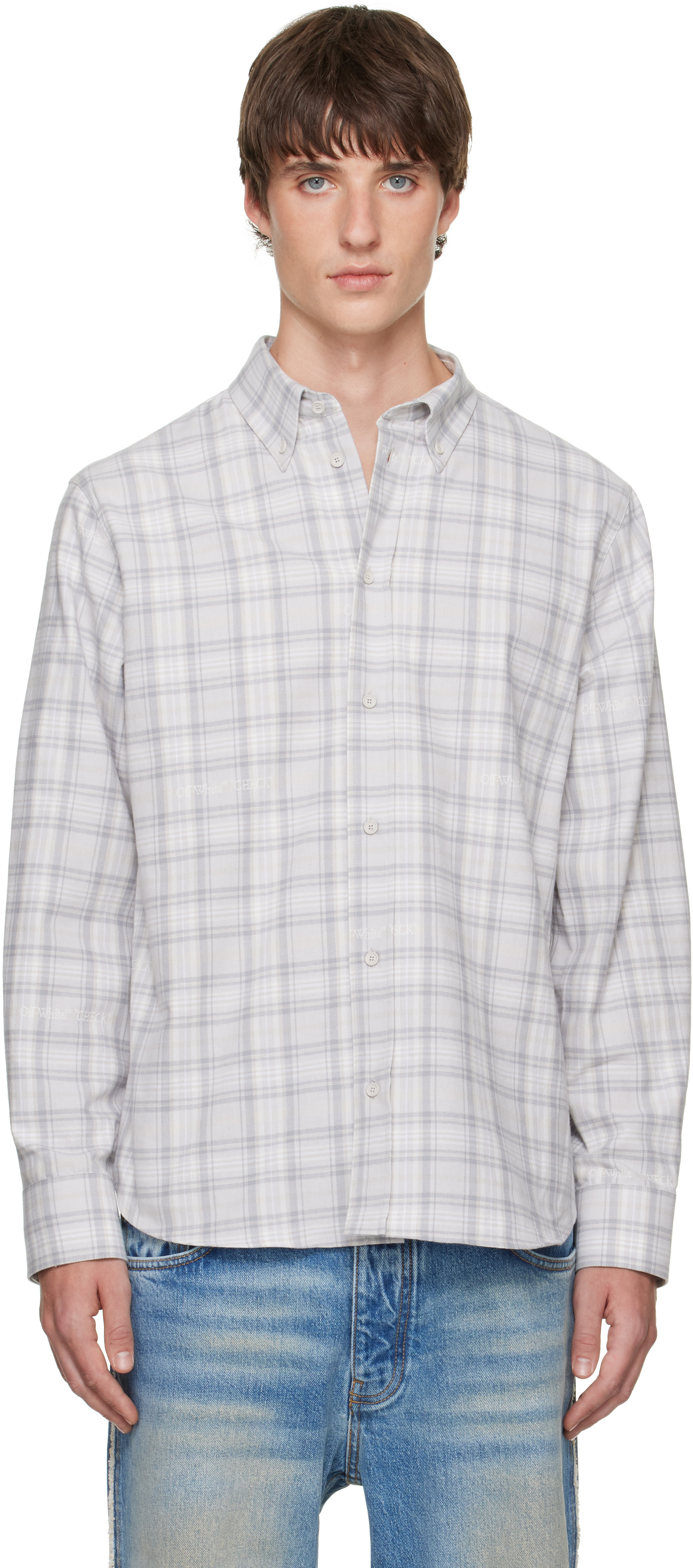 Off-White - Gray Handstyle Logo Check Flannel Shirt