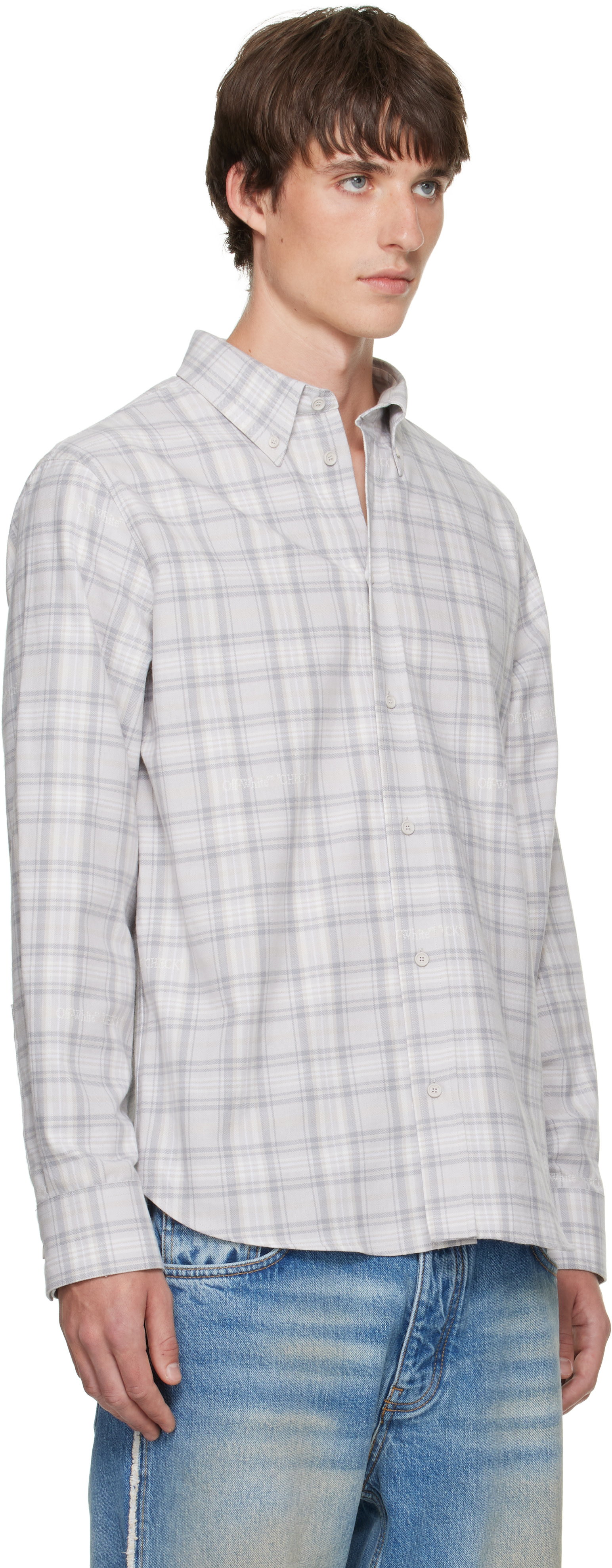 Off-White - Gray Handstyle Logo Check Flannel Shirt