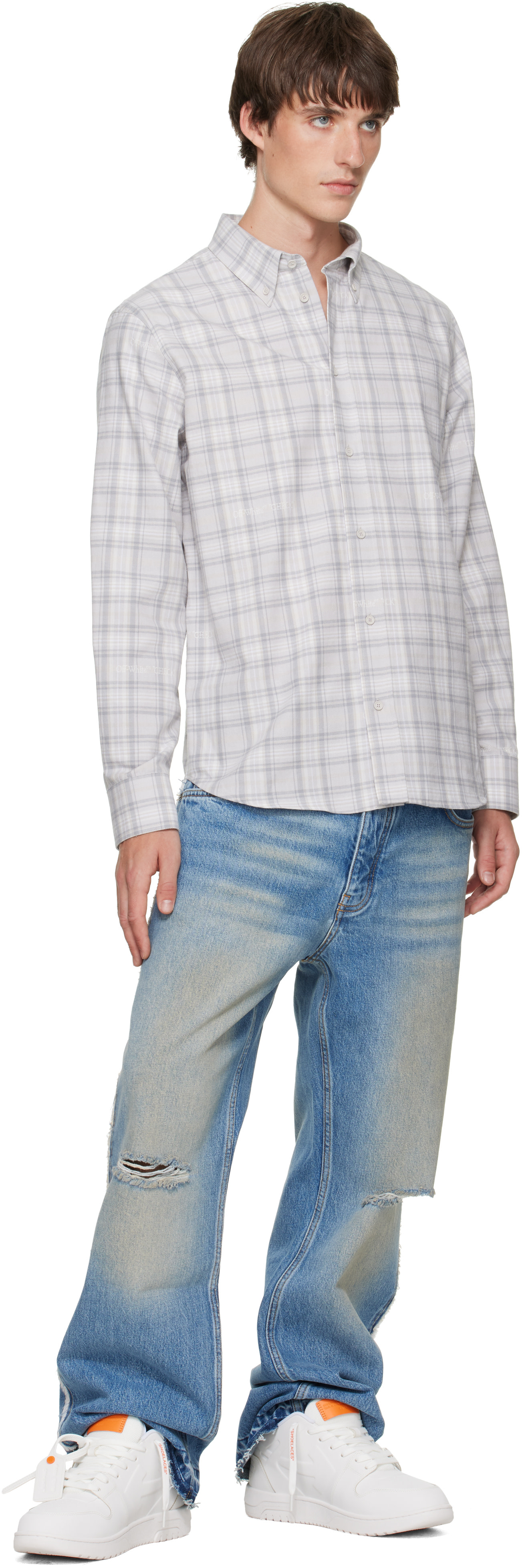 Off-White - Gray Handstyle Logo Check Flannel Shirt